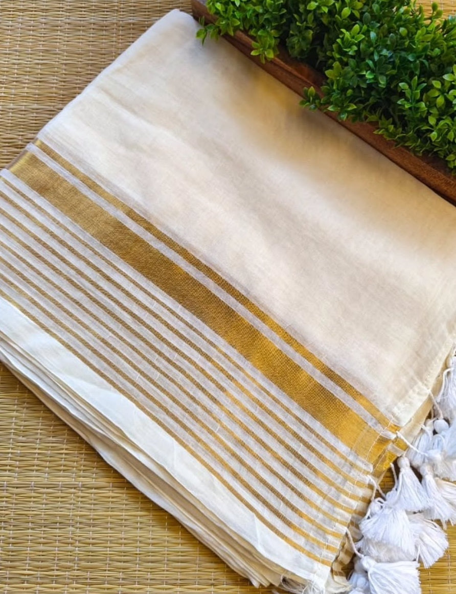 Mul cotton onam saree with stripes border