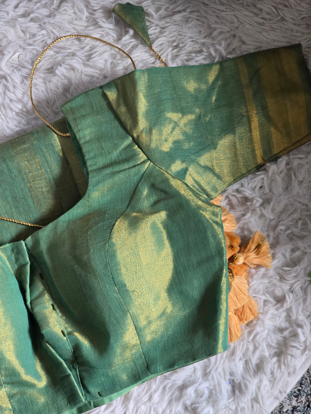 Semi tissue( pastel green)saree with stitched blouse ( elbow sleeve)