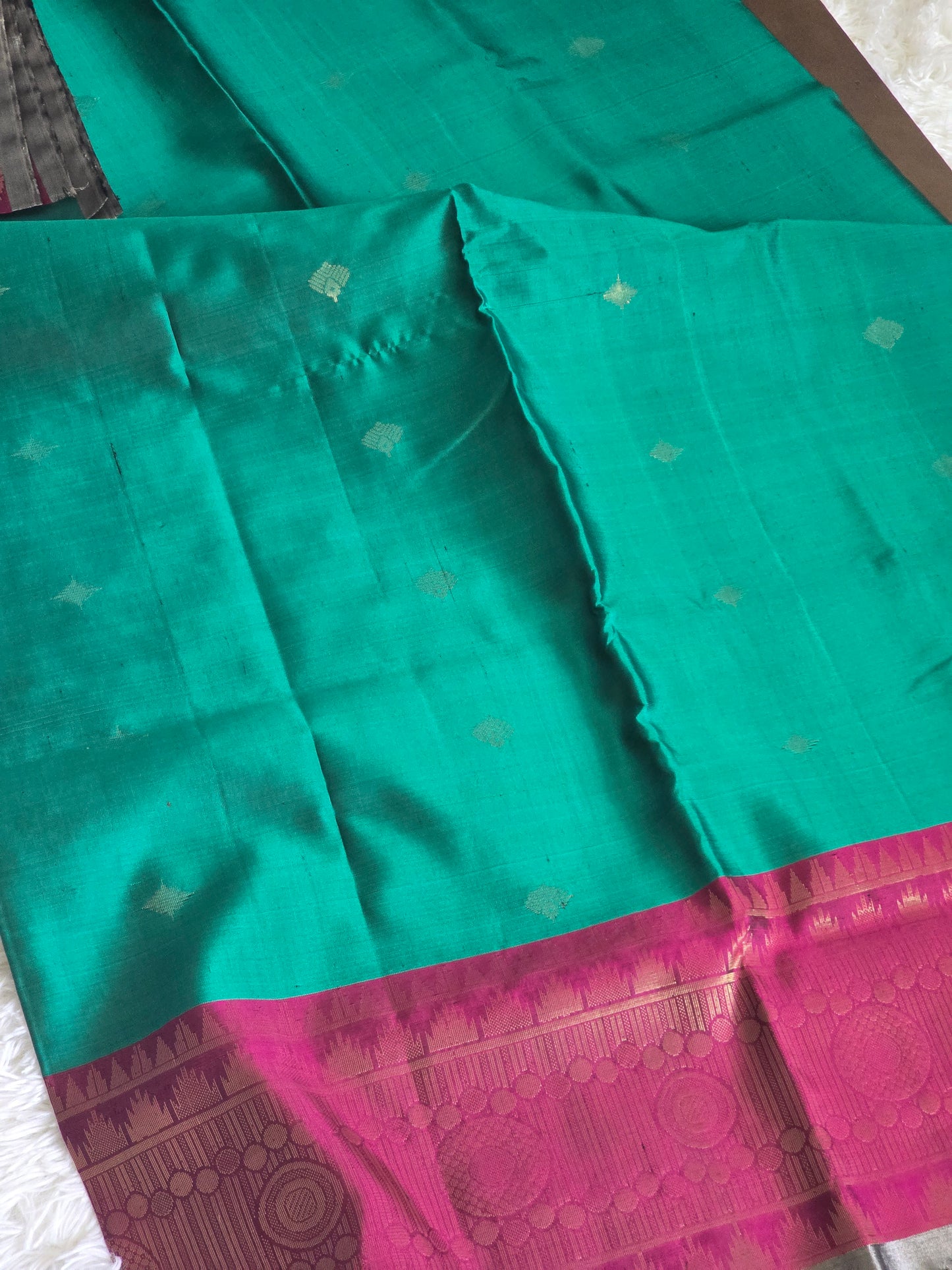 Kancheepuram soft silk saree with Rama green-purple combo