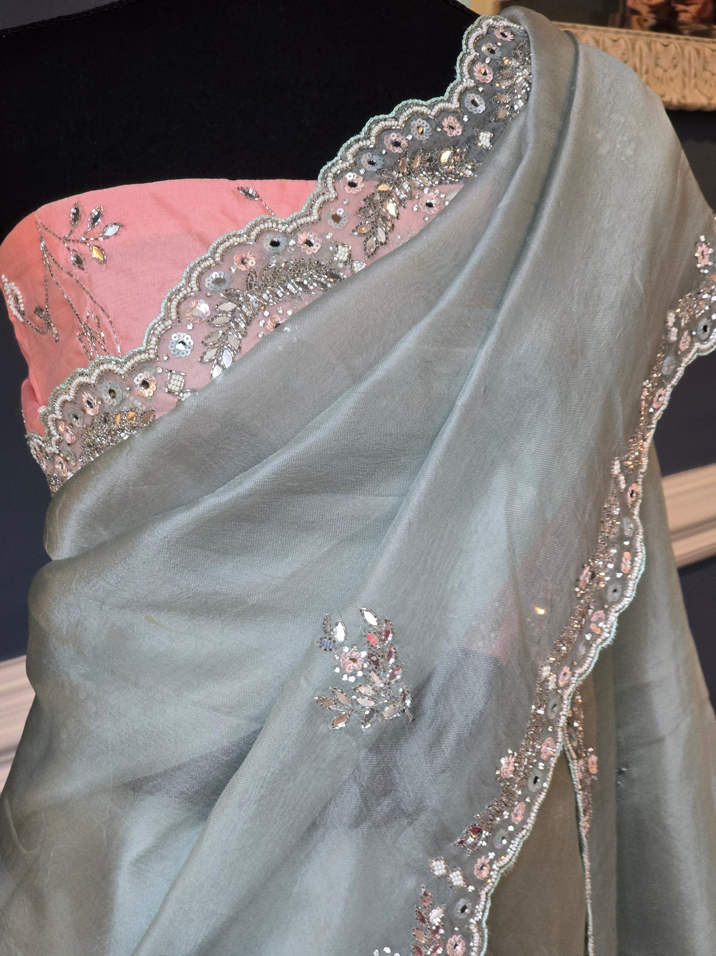 Pure organza silk saree with beads and stone work-stitched ( contrast) blouse