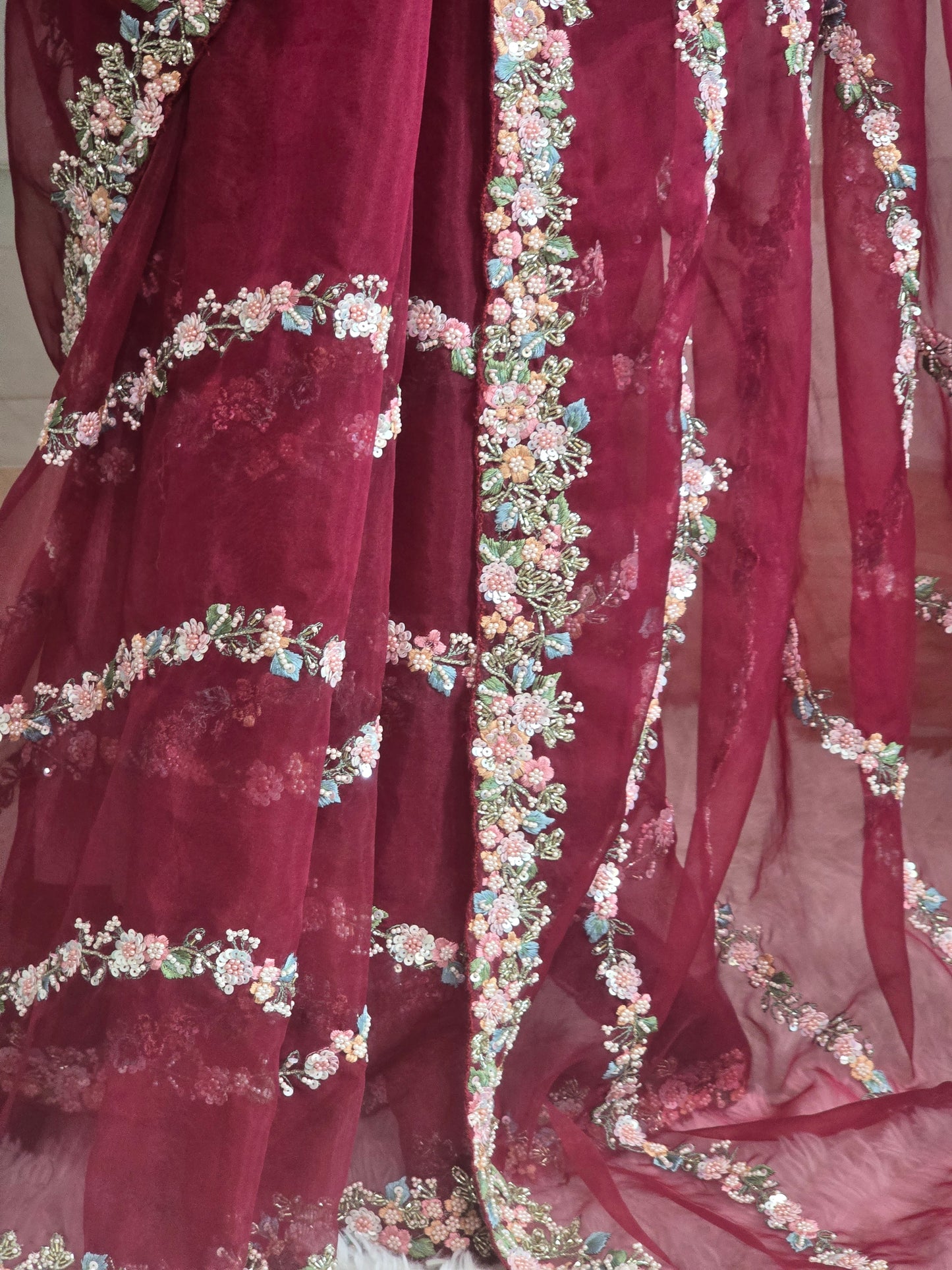 Organza party wear saree with heavy work all over body- stitched blouse