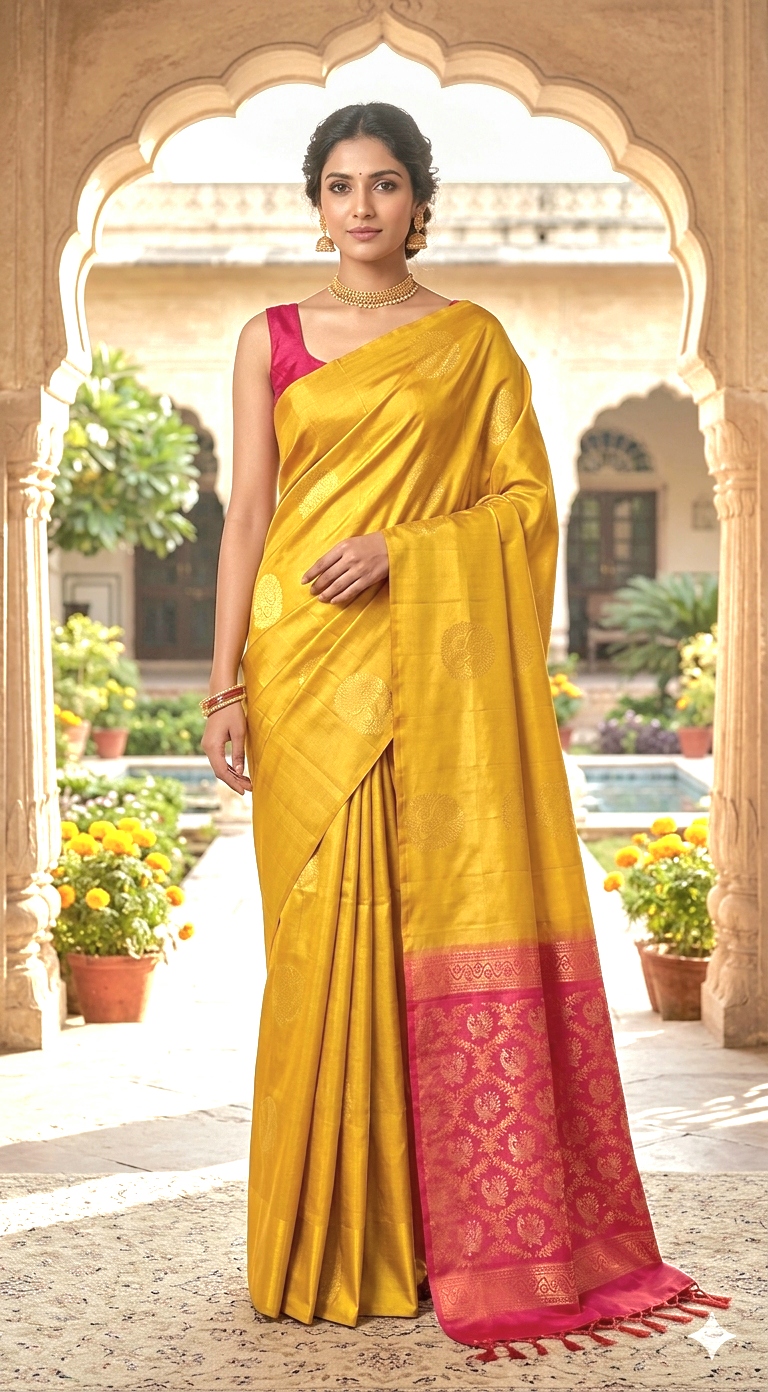 Soft silk kancheepuram(yellow/ dark peach) with BP