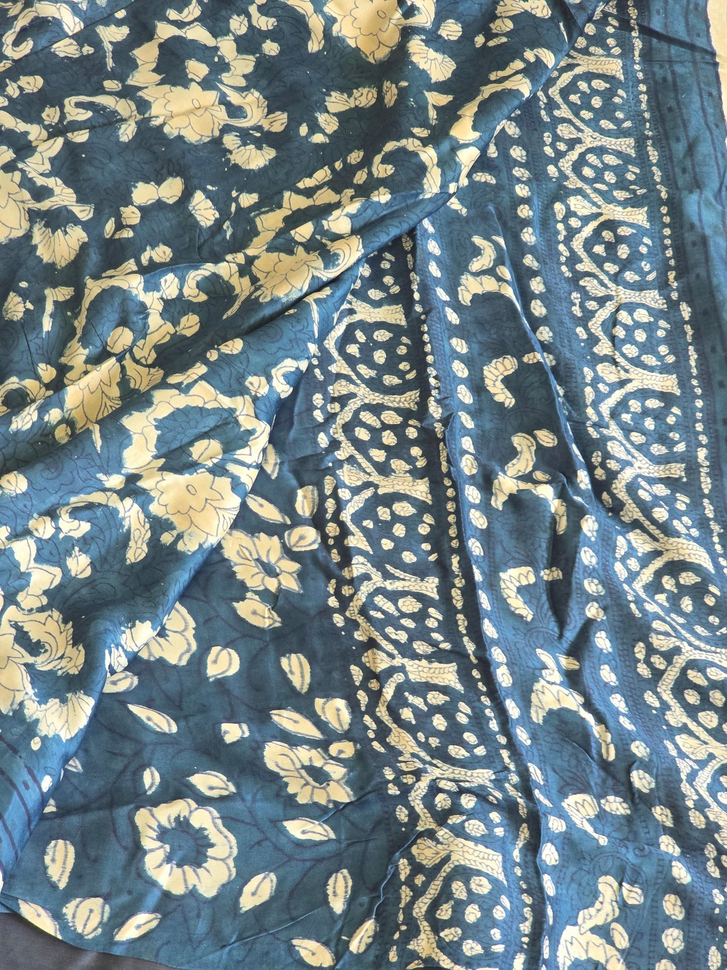 Modal silk on Indigo- with natural dye handblock Ajrakh vanaspati print Saree with stitched blouse