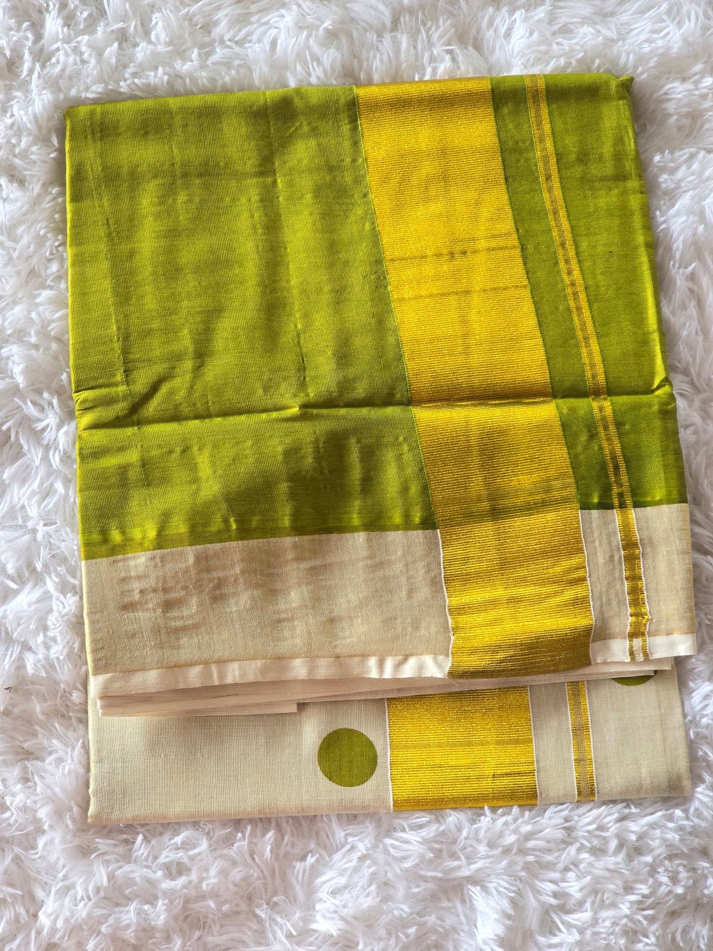 Tissue set saree with duel shade- green polka dots