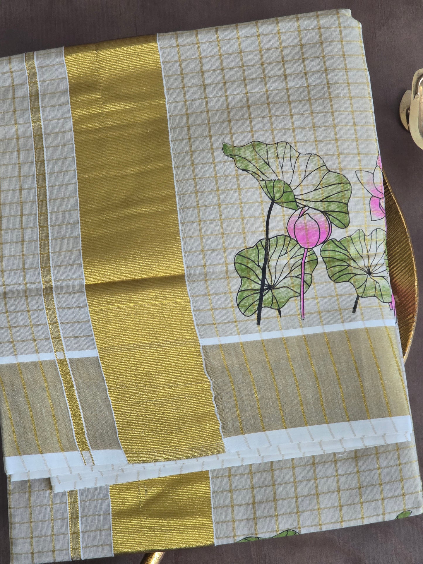 Gold tissue check set saree with lotus print