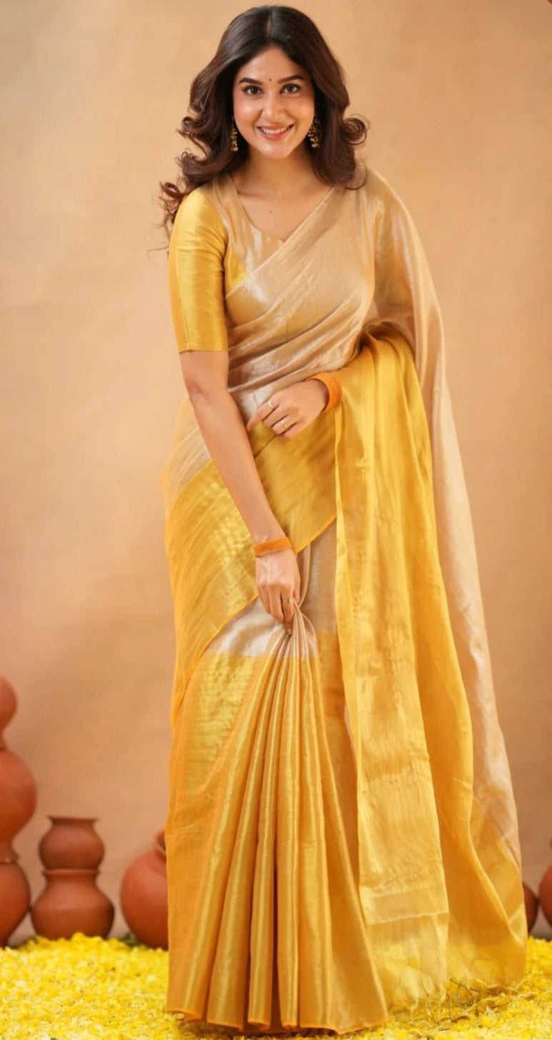 Semi tissue saree yellow gold-No Blouse