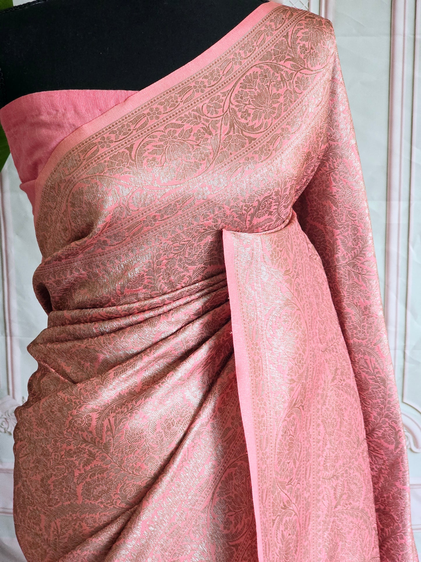 Semi katan silk saree (peach)with stitched blouse