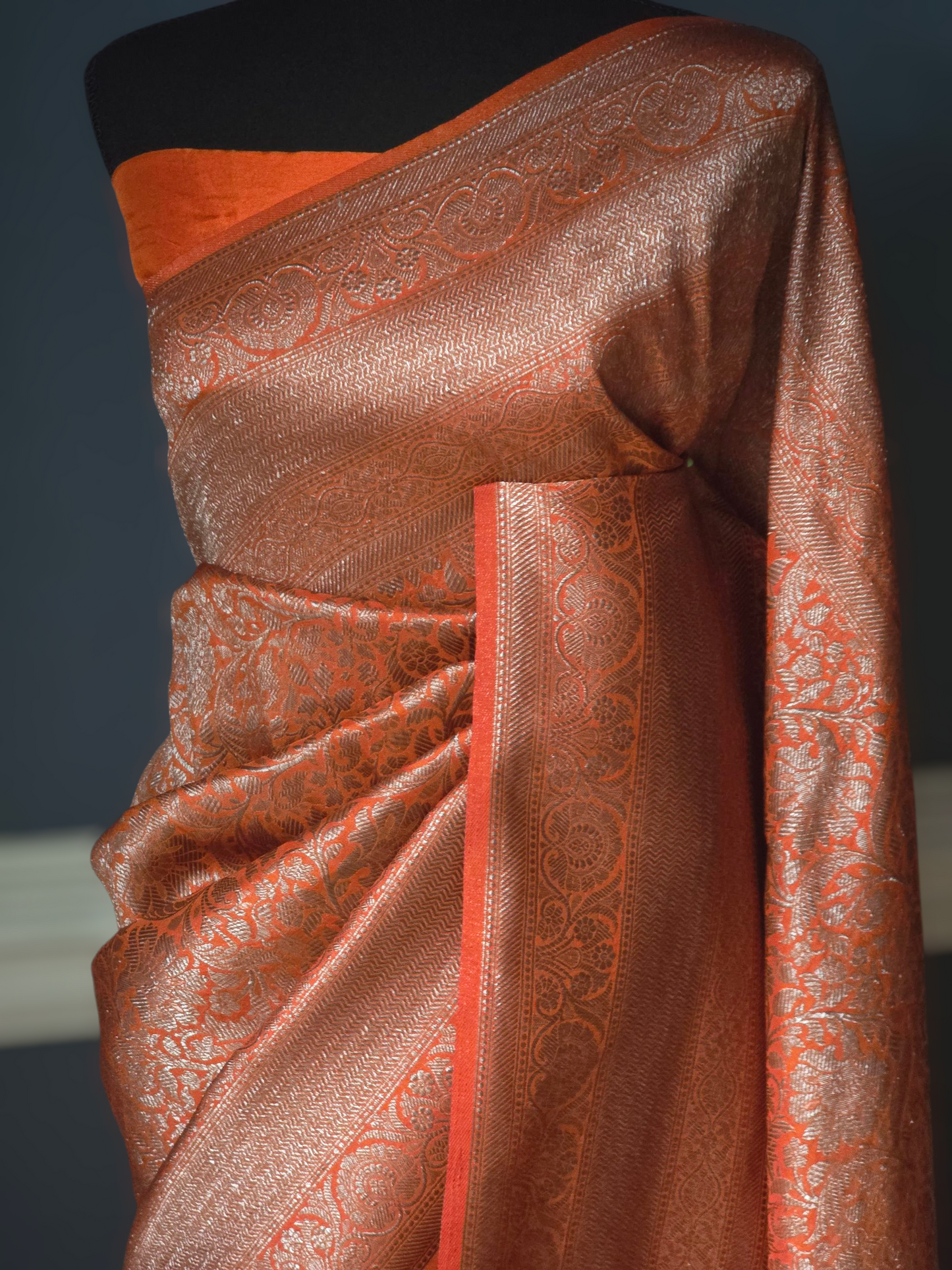Semi modal silk saree with stitched blouse ( burnt orange)