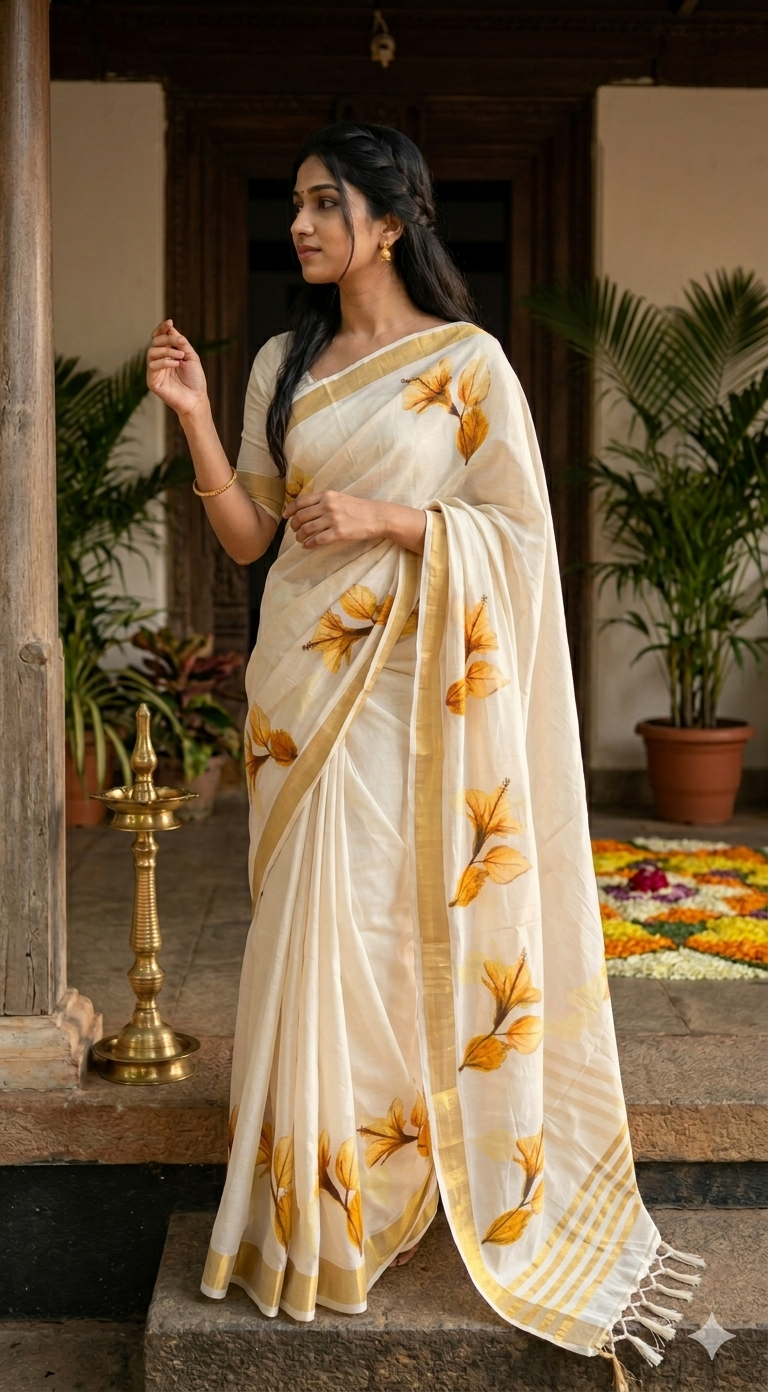 Cotton onam saree with yellow printed design