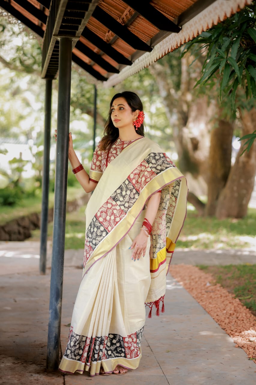Premium tissue saree with block print-with stitched blouse