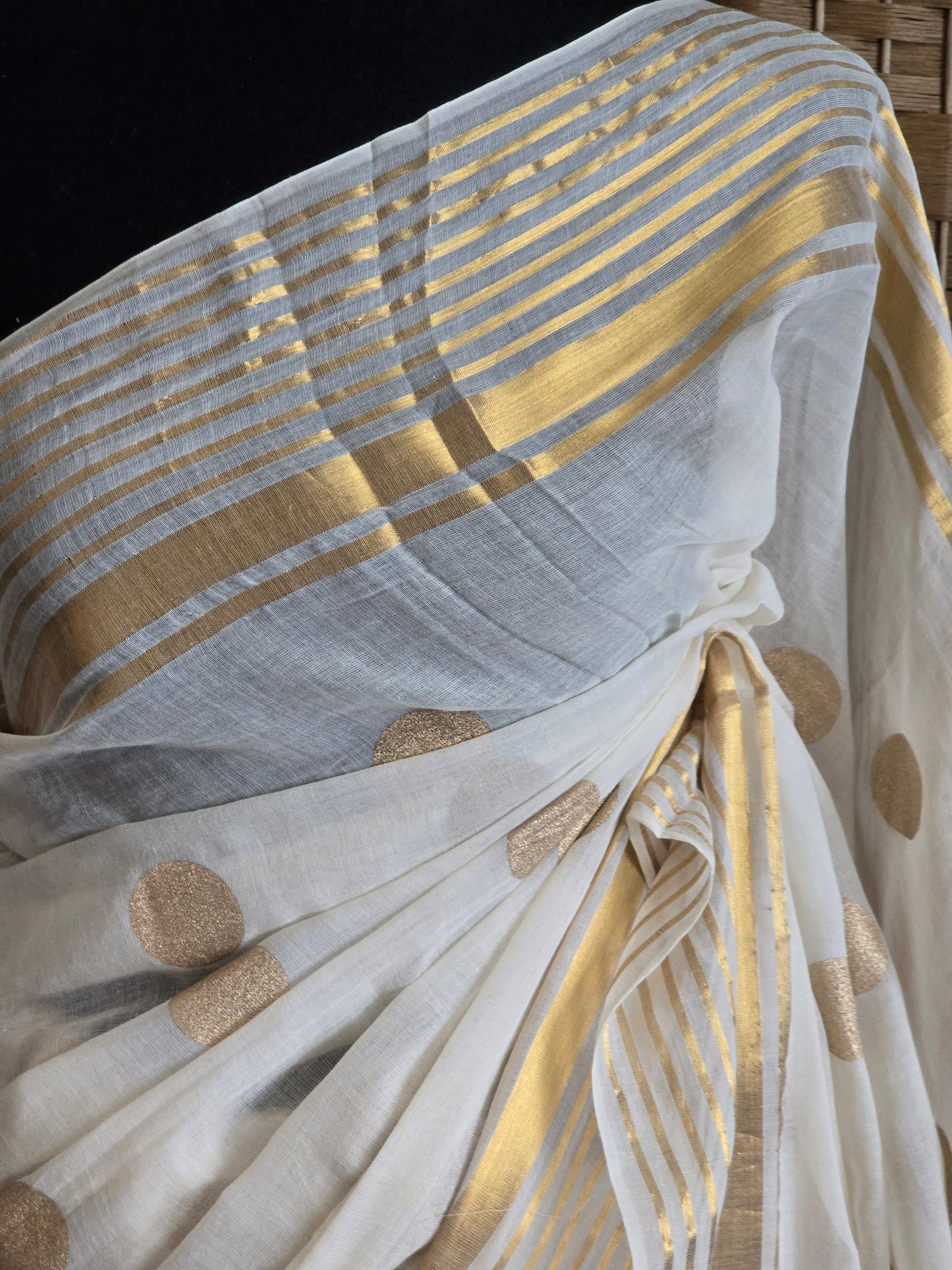 Mul cotton saree with gold buttas and border (fall and pico done)NO Blouse piece