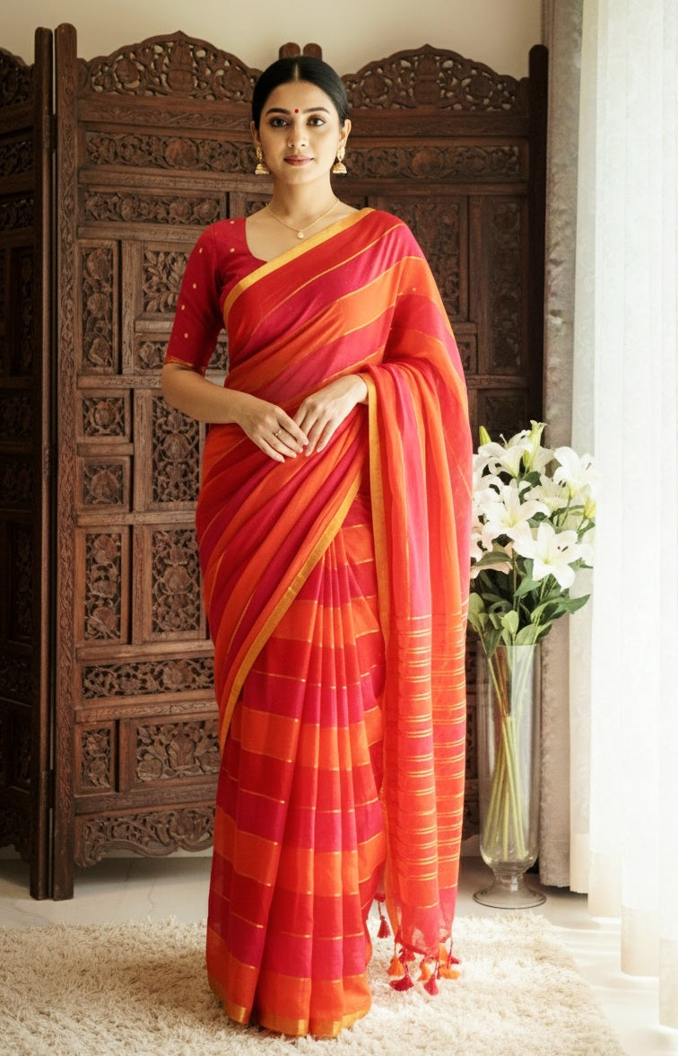 Mul cotton saree with multi color (fall and pico) No BP