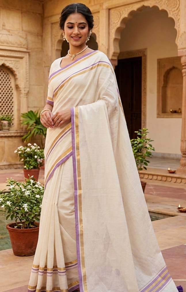 Mul cotton saree with gold and lavender border- No BP
