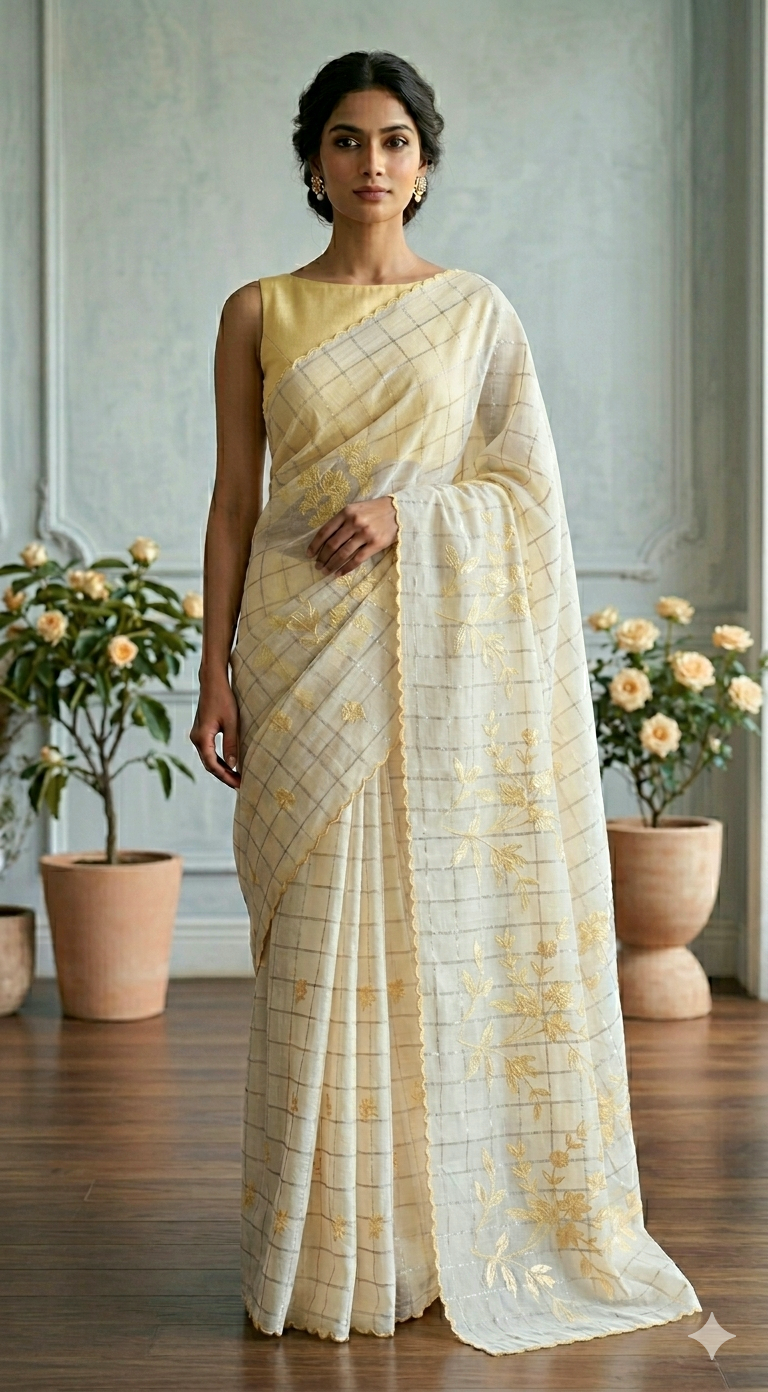 Mul chanderi saree with appliqué work- Stitched contrast blouse (sleeve)