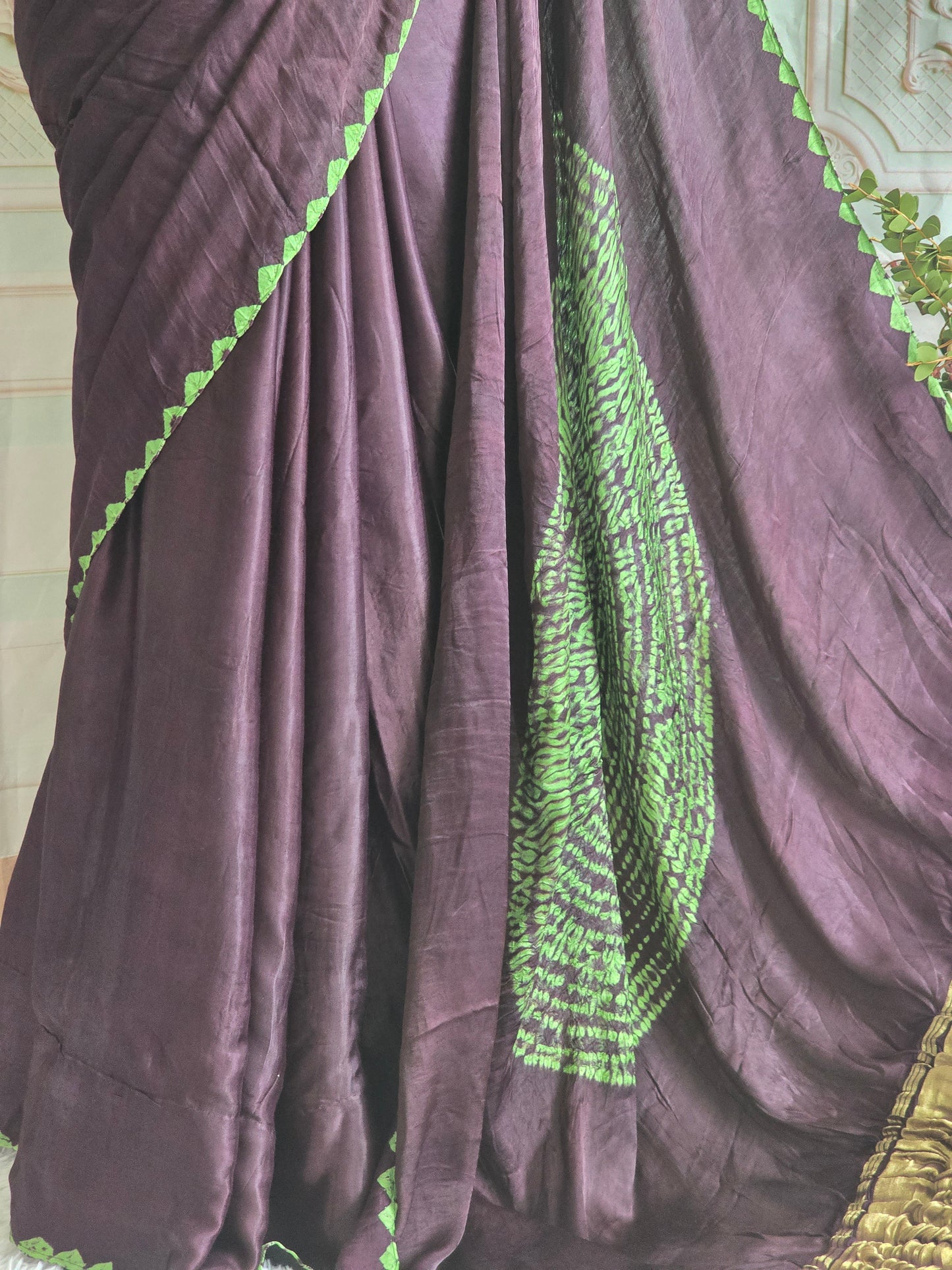 Modal silk saree( brown) with border print- stitched blouse