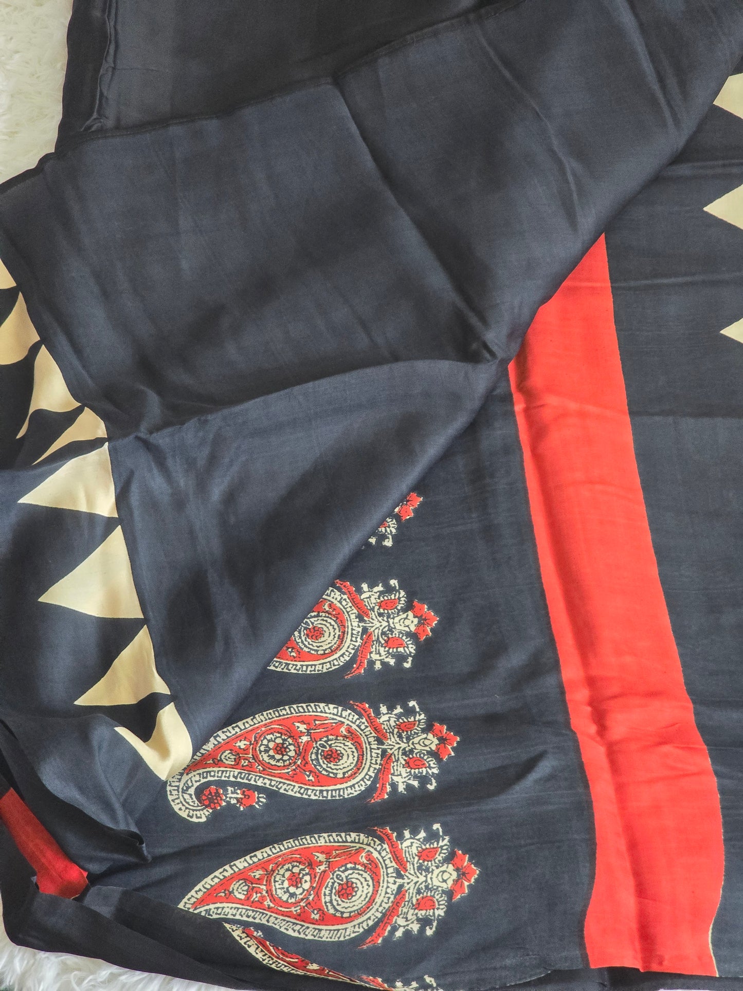 Modal silk with natural dye handblock Ajrakh vanaspati print Saree with stitched blouse
