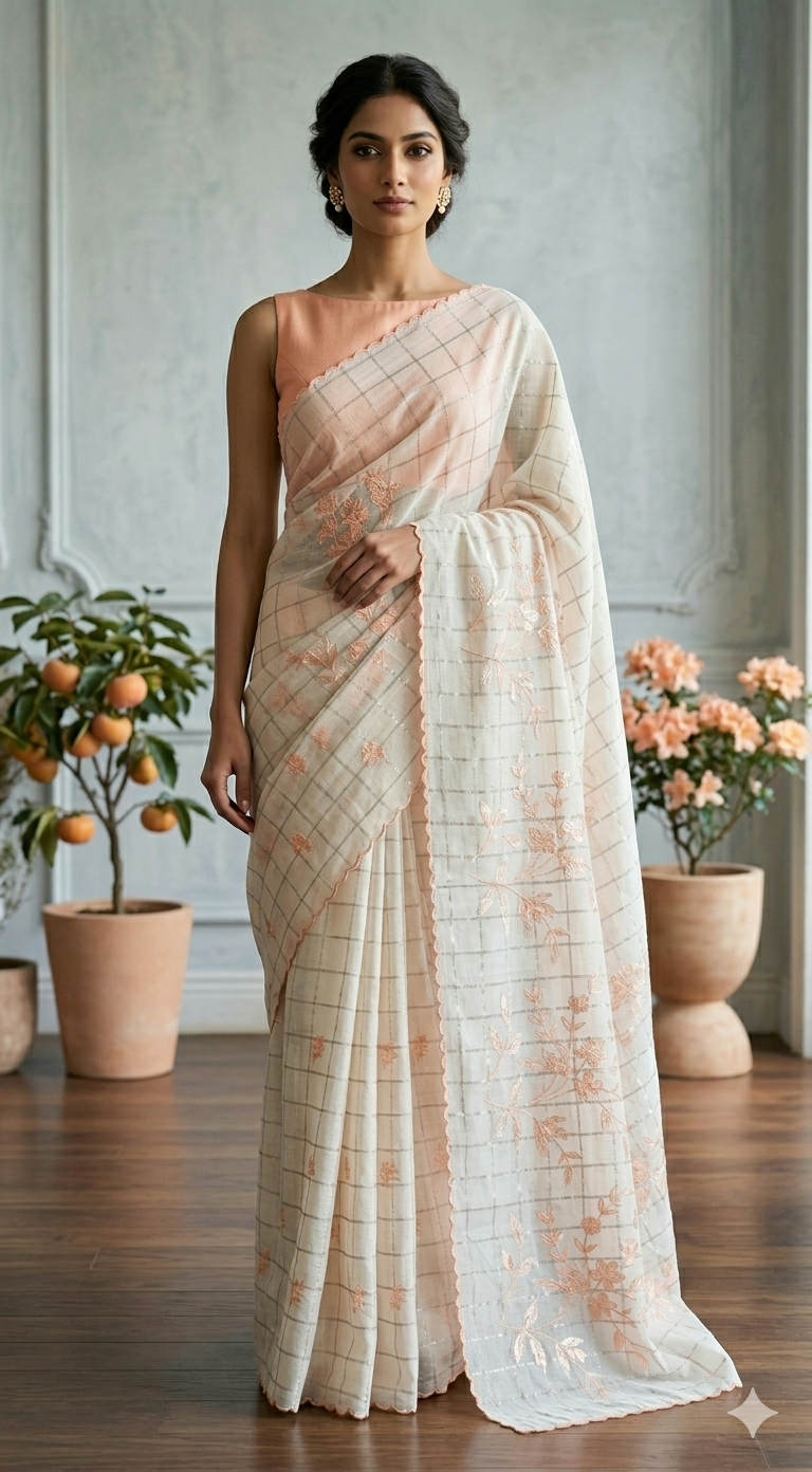 Mul chanderi saree with appliqué work- Stitched contrast blouse (sleeve)