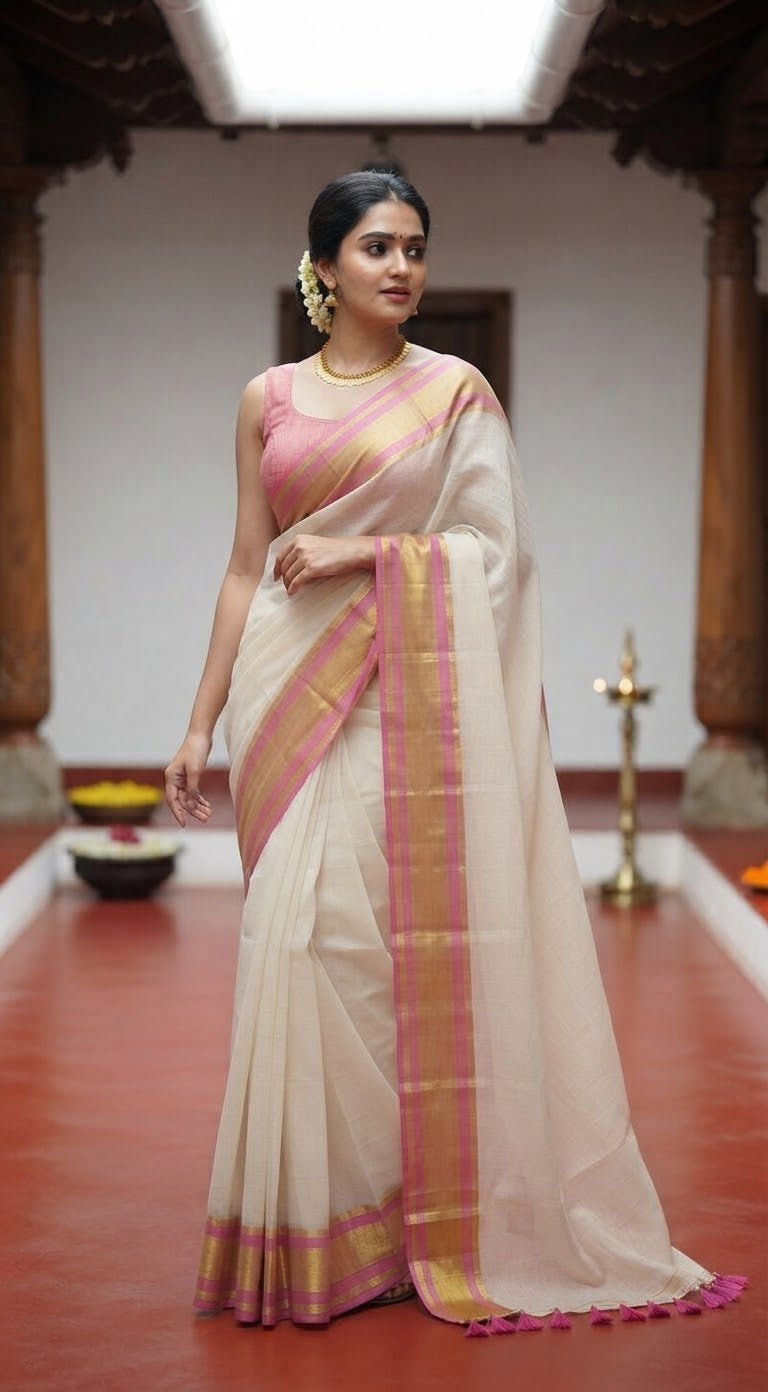 Mul cotton saree with pink amd gold border