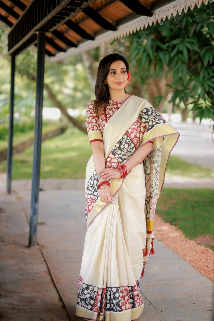 Premium tissue saree with block print-with stitched blouse