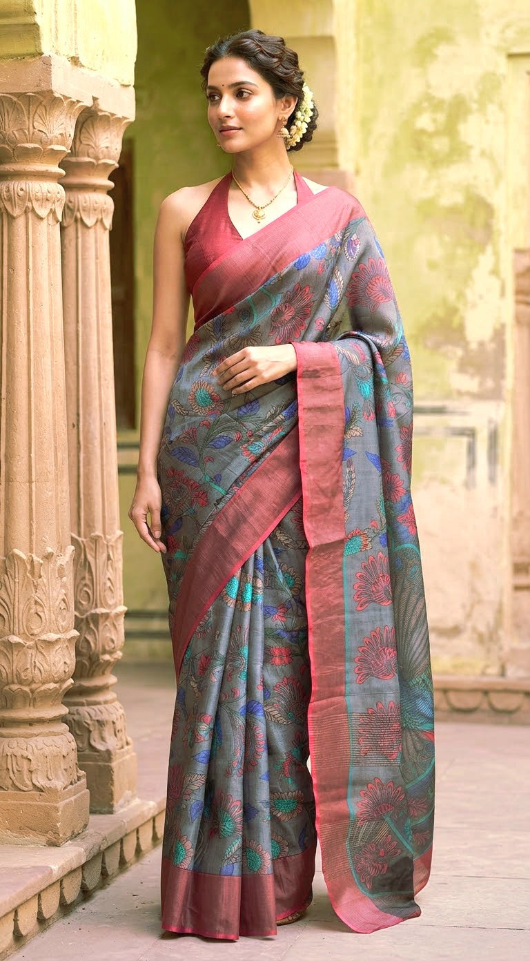 Greyish blue tussar silk saree with digital print- stitched blouse