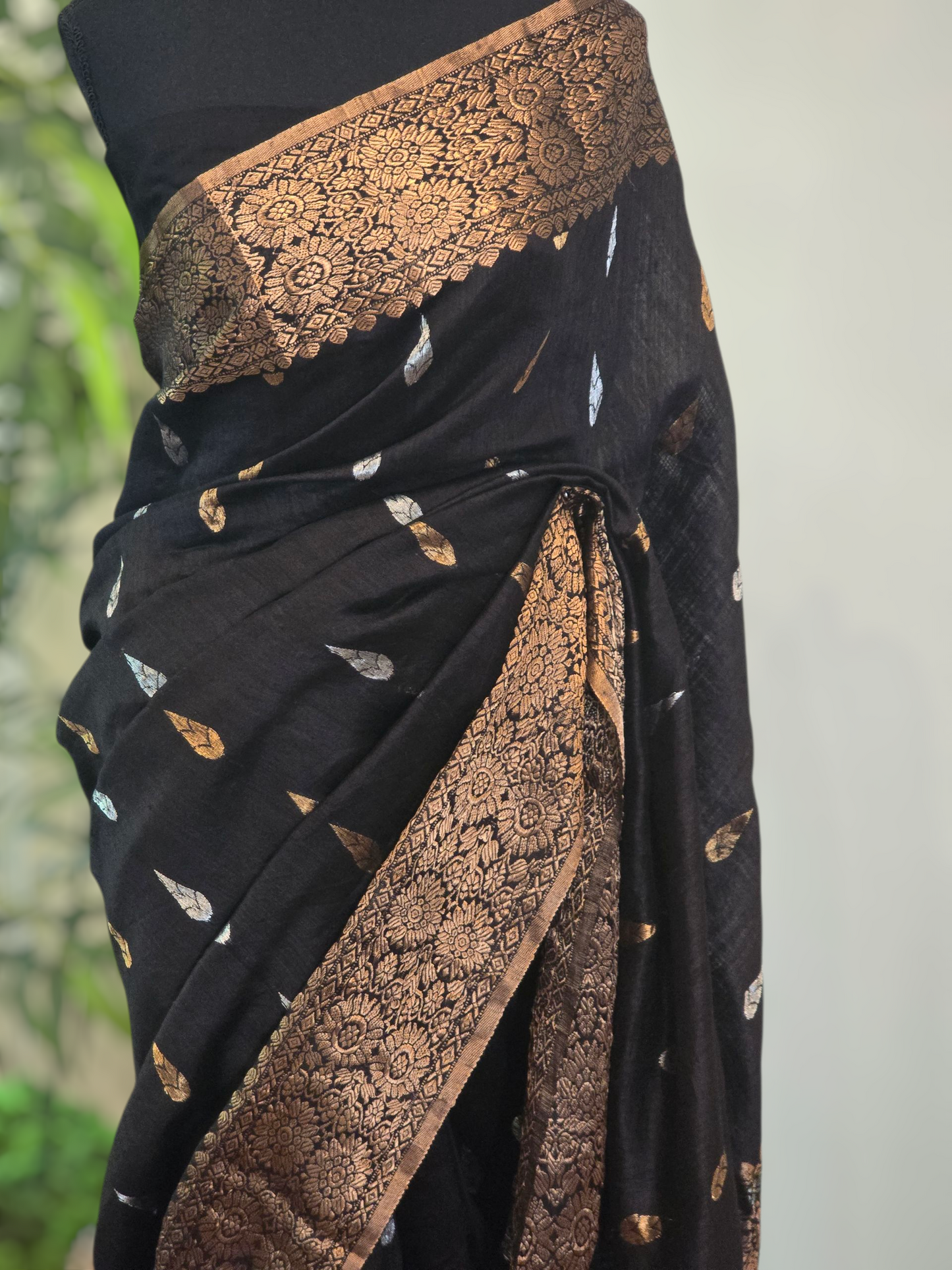 Matka silk banarasi saree with copper weaving- stitched blouse