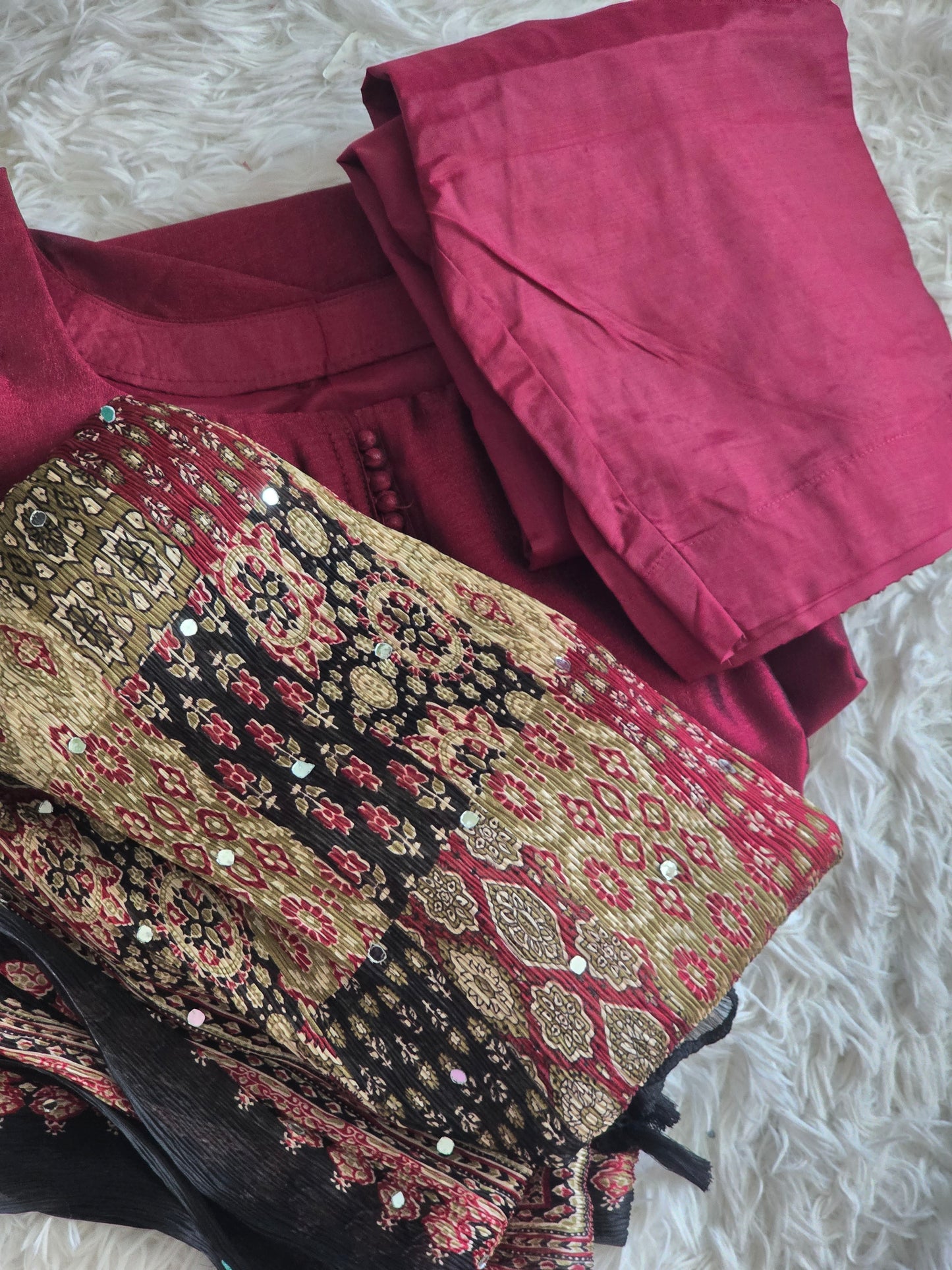 Semi raw silk 3 pc salwar suit set-Maroon