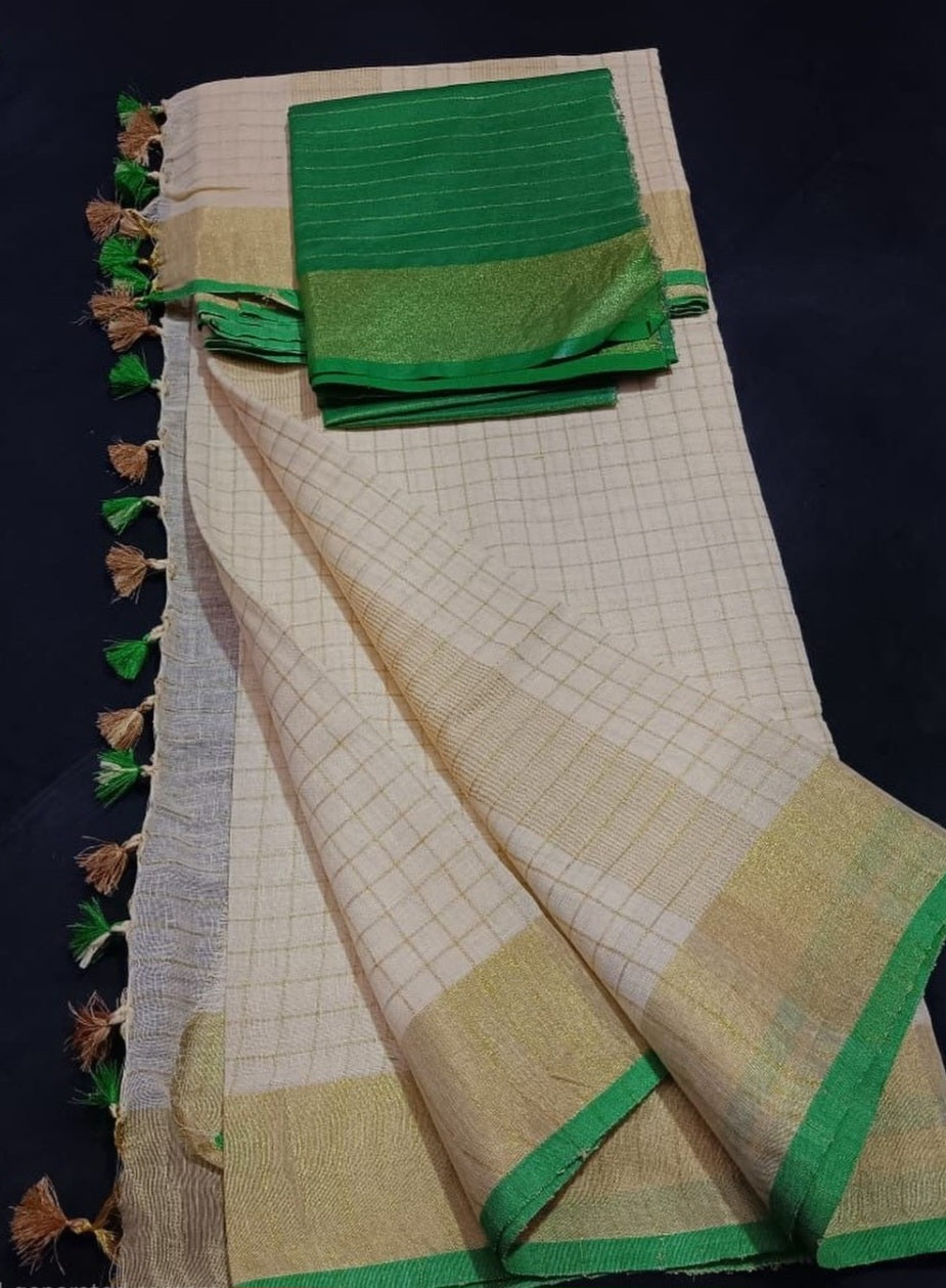Pre book Onam saree- Linen by linen body check- Green- With blouse piece (delivery time 2 weeks)