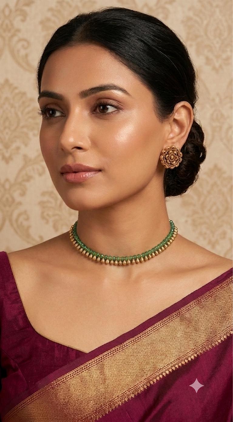 Green bead choker with earrings