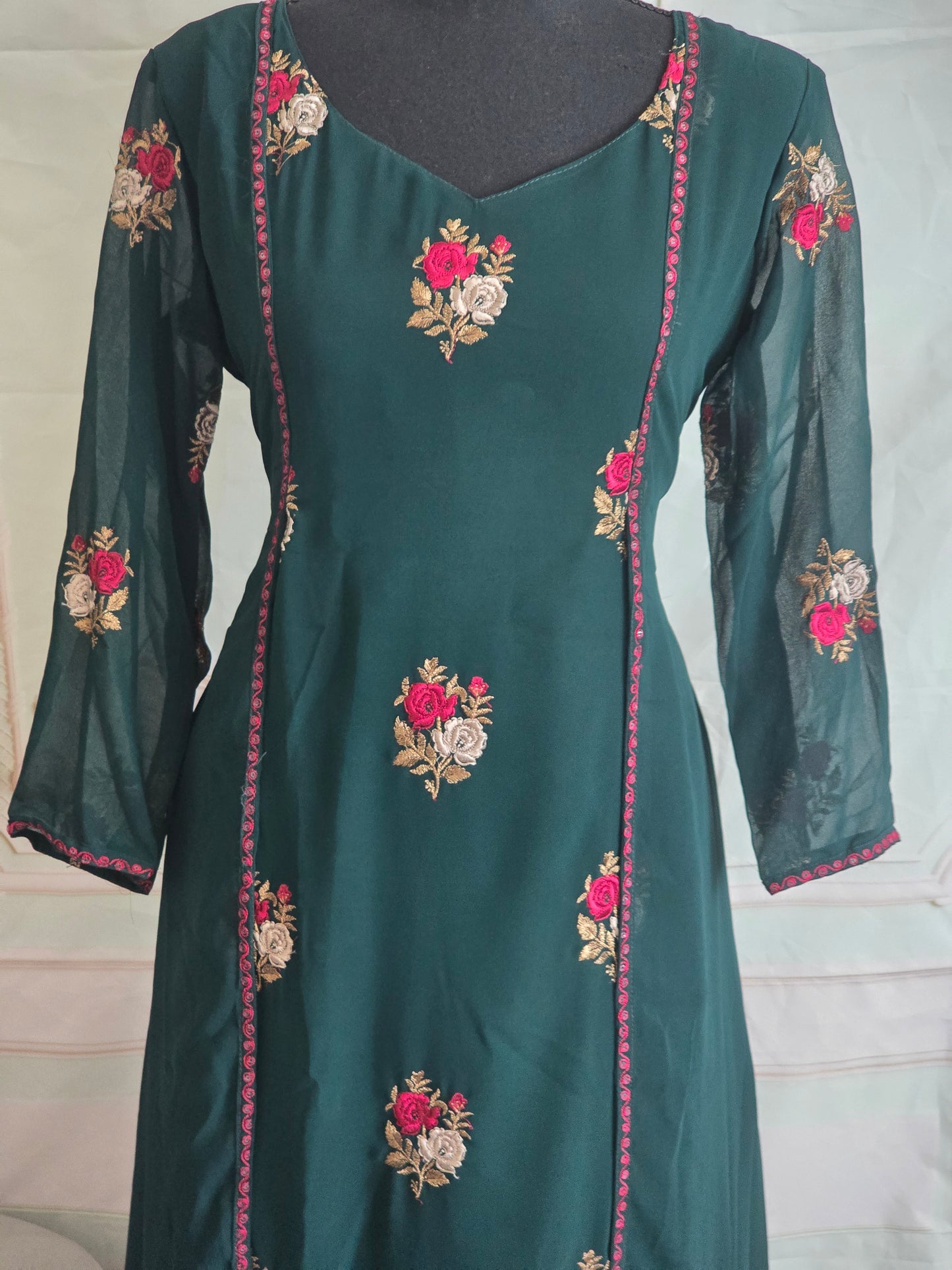 Faux georgette A-line top(bottle green)with floral work-kurti