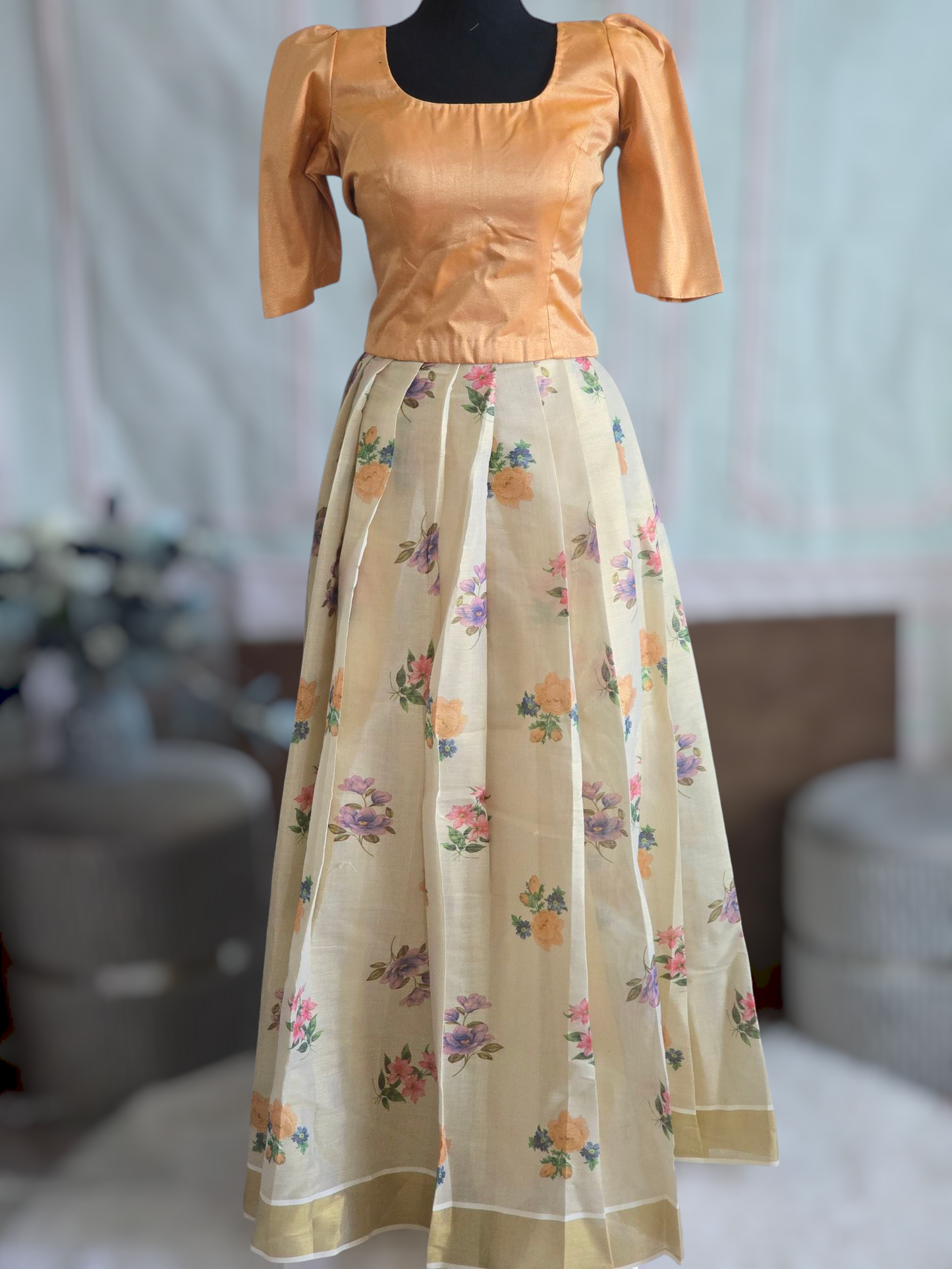 Onam skirt floral design- with tissue blouse - Adults 34-40 size