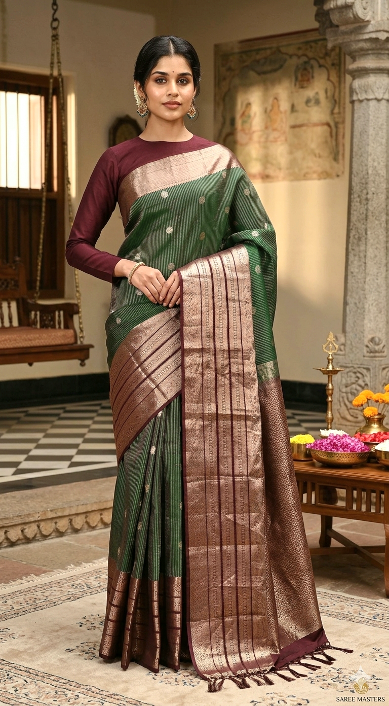 Pure kancheepuram silk saree with stripes and buttas- contrast stitched blouse