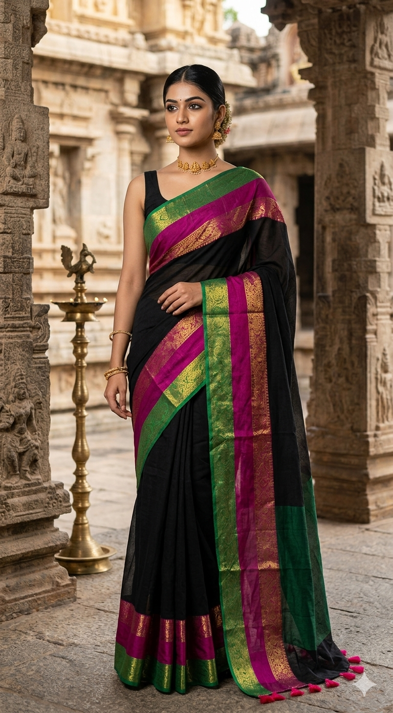 Mul cotton saree with multi color kanchee border- No BP ( fall and pico ready)