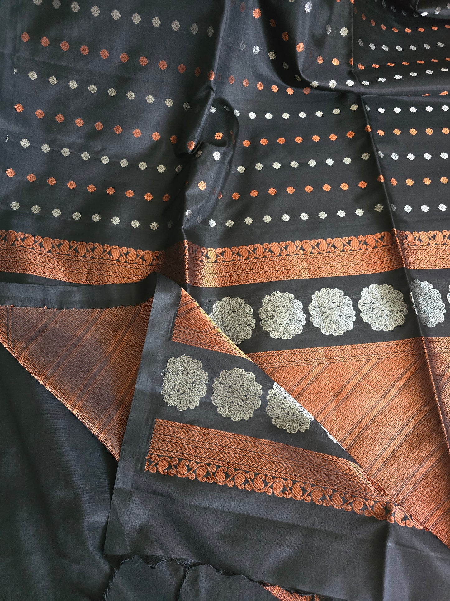 Kancheepuram soft silk saree with copper-silver combo