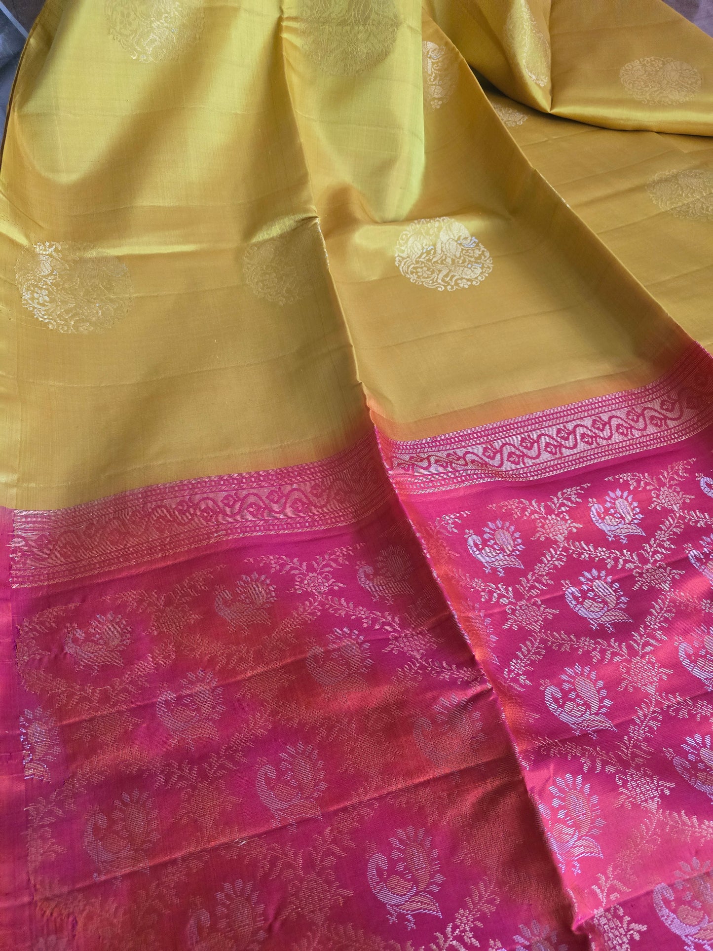 Kancheepuram soft silk saree with yellow- orange combo