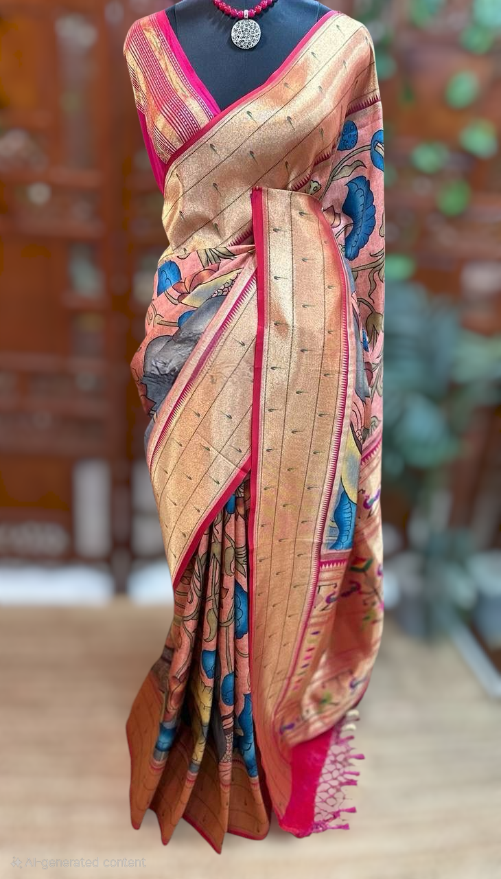 Katan dupion silk saree with digital kalamkari print with muniya weaving border- stitched blouse