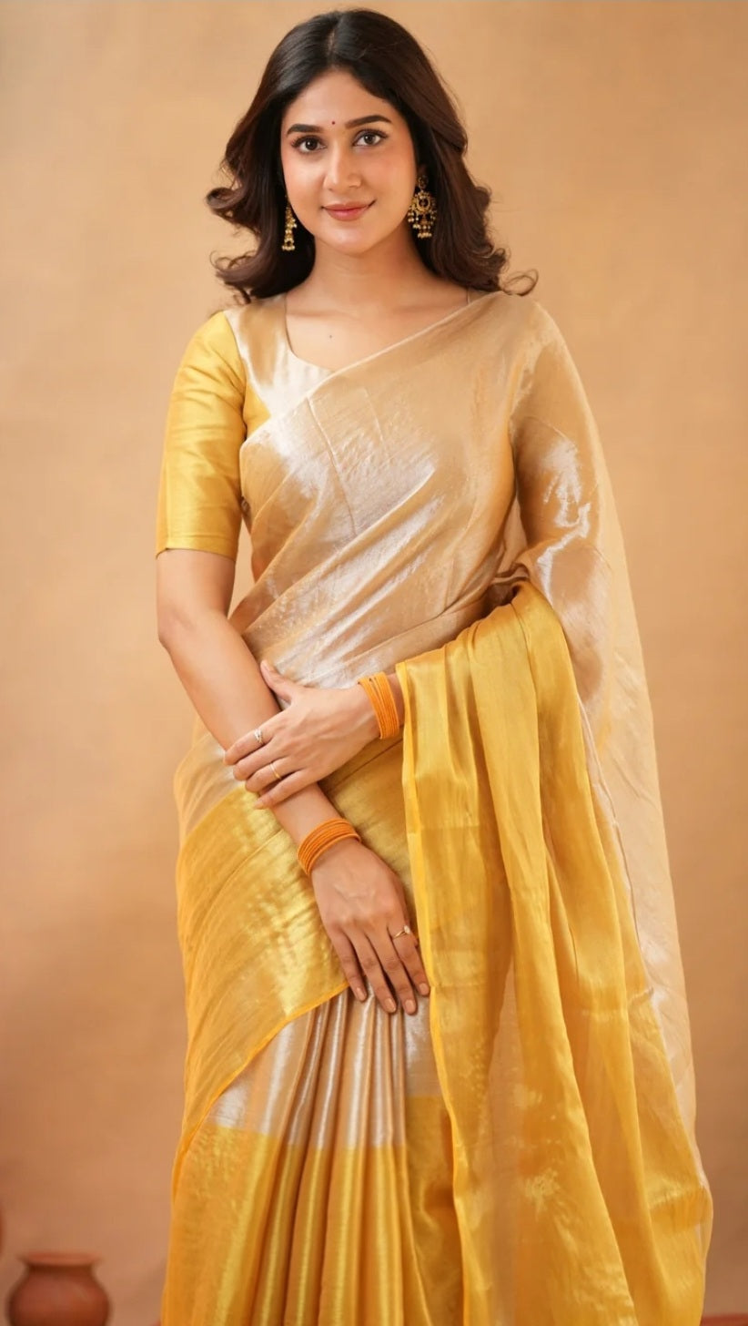 Semi tissue saree yellow gold-No Blouse