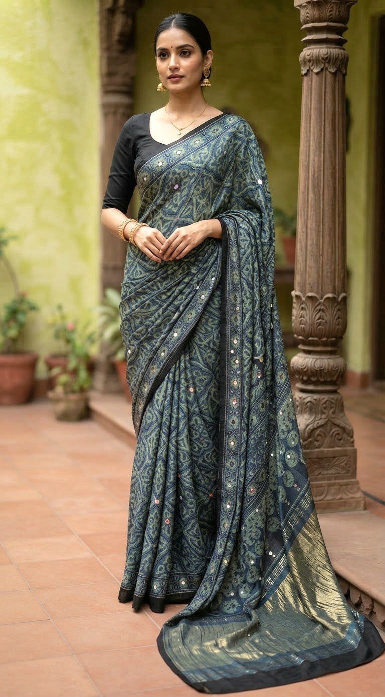 Modal silk with ajrakh print mirror work saree with stitched blouse ( black)