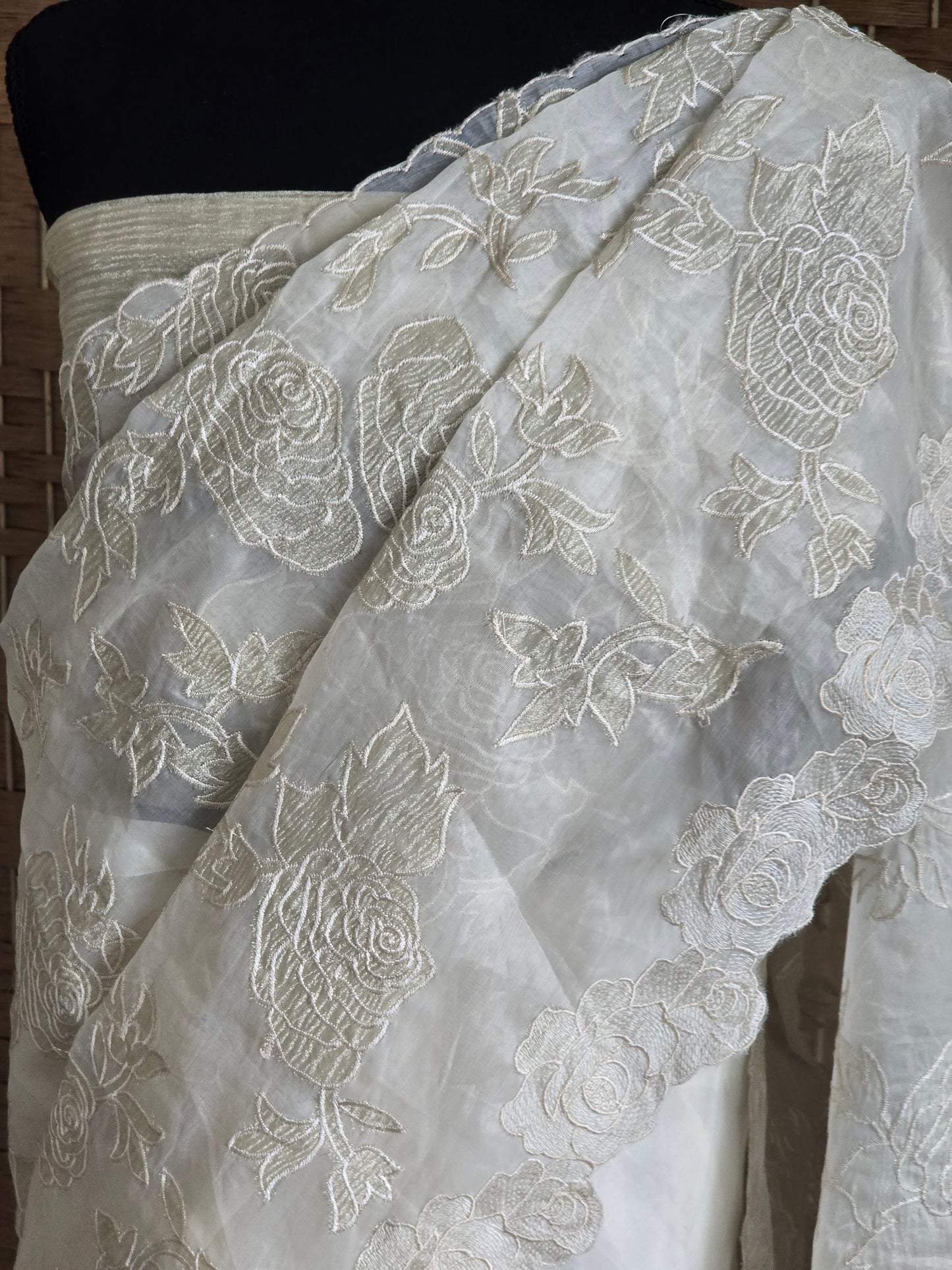 Pure organza saree (off white) with applique work- stitched blouse