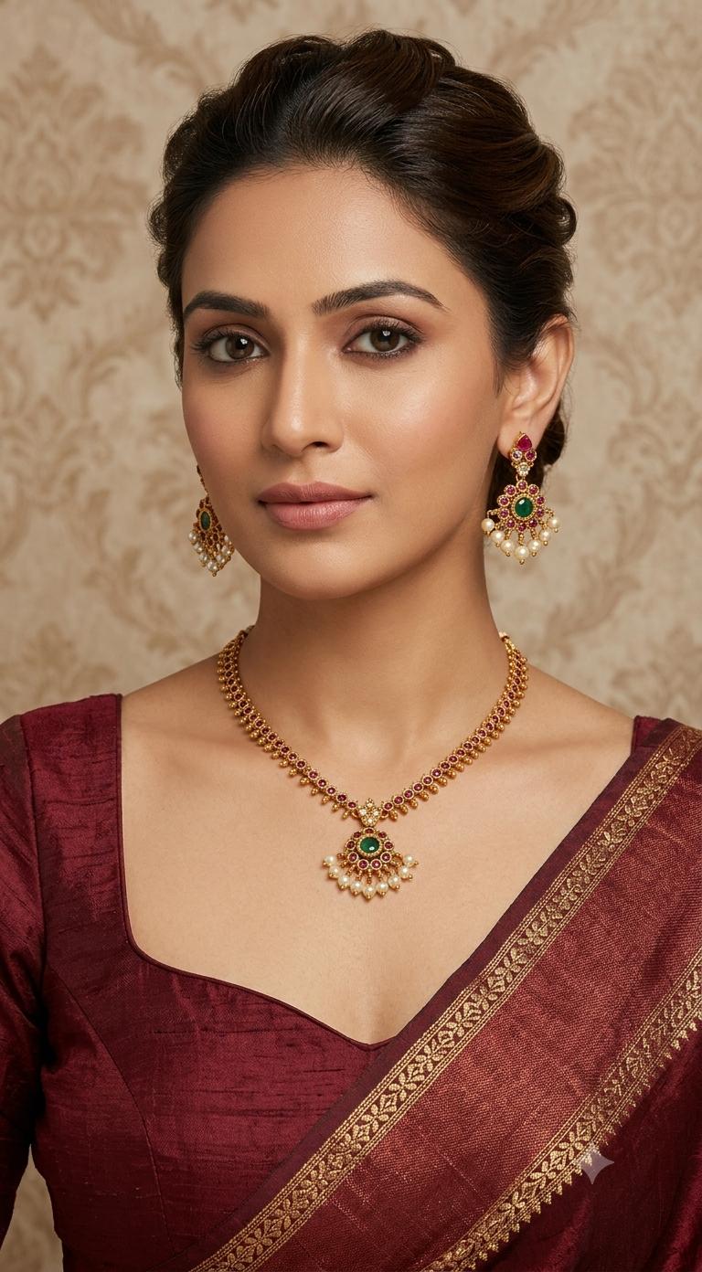 Green and red stone necklace with earrings