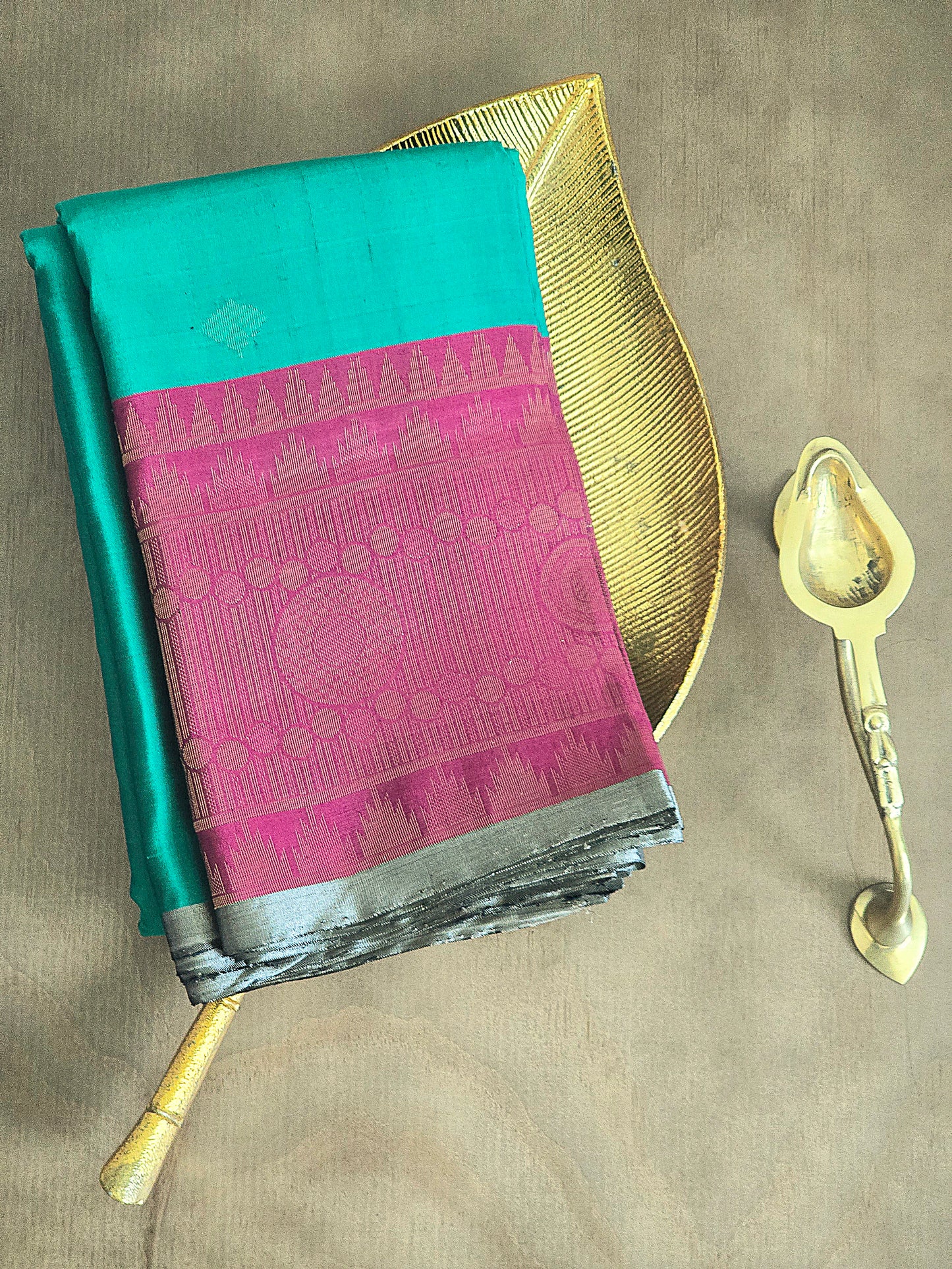 Kancheepuram soft silk saree with Rama green-purple combo