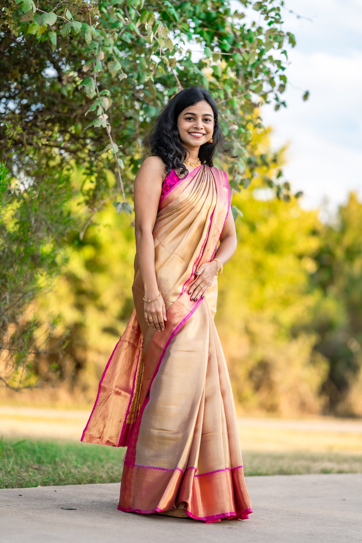 Semi tissue saree with pink border- blouse pc