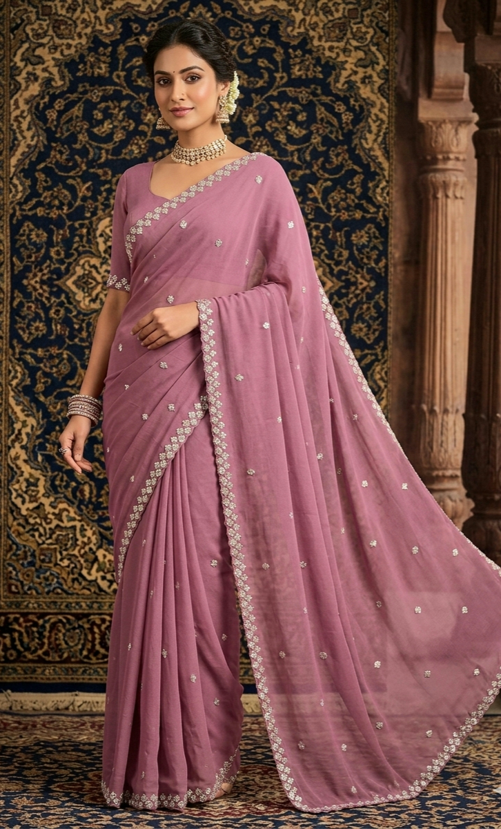 Pure georgette designer saree in mauve shade- No BP