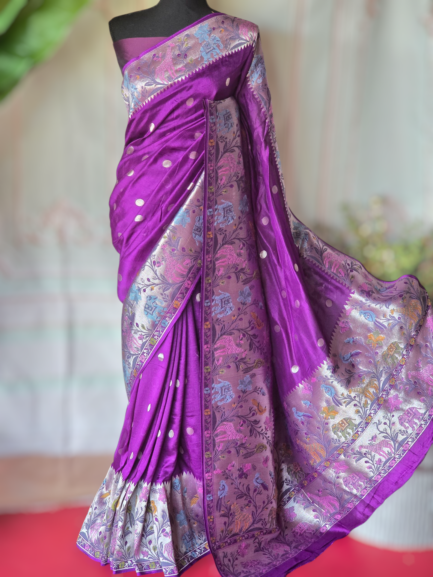 Munga silk saree paithani weaved border- Stitched blouse