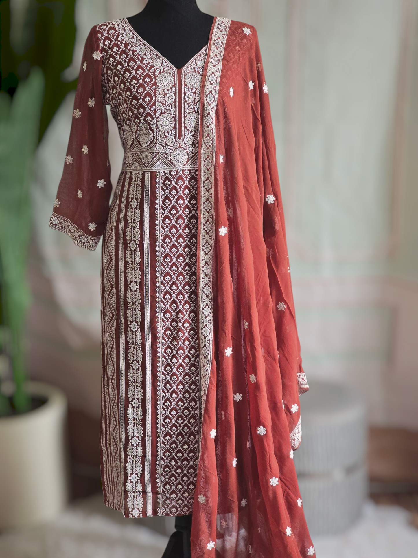 Brown shade georgette chikankari 3 pc salwar suit set