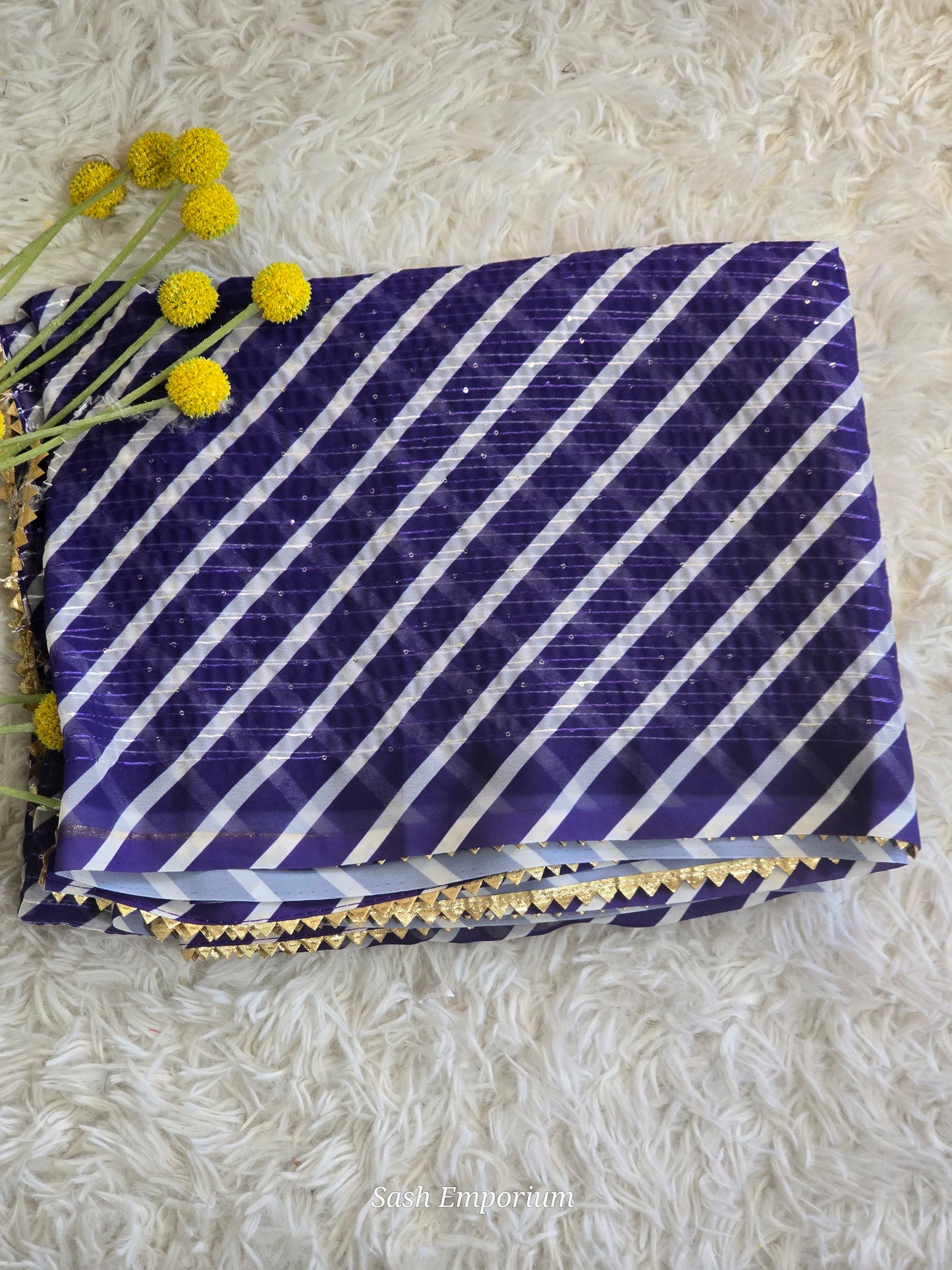 Chiffon saree with purple/ white leheriya design