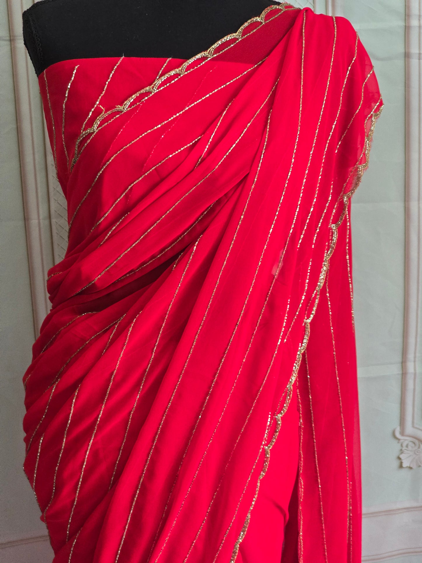 Georgette designer saree with cutdana work- sleevless blouse