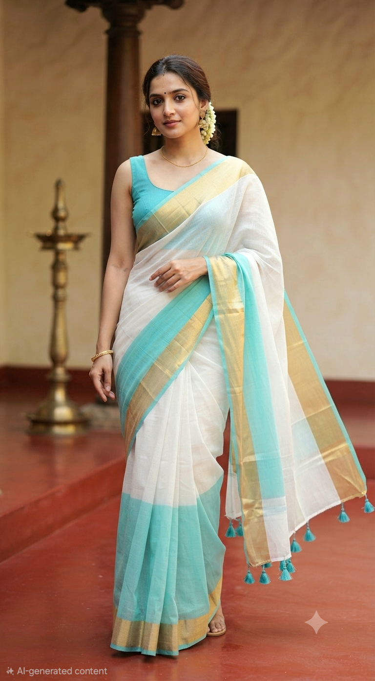 Mul cotton saree with blue border( fall and pico ready)- BP