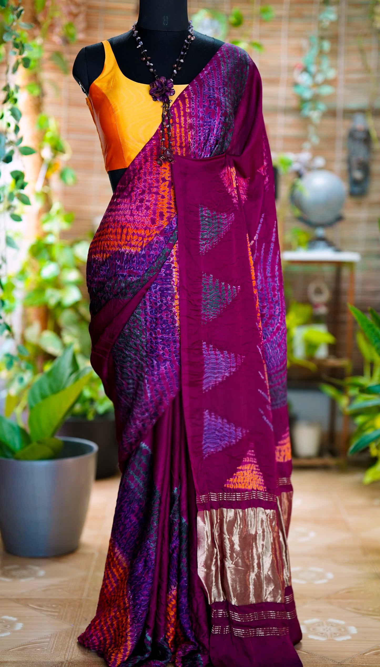 Gajji silk saree with bandhej print- stitched blouse