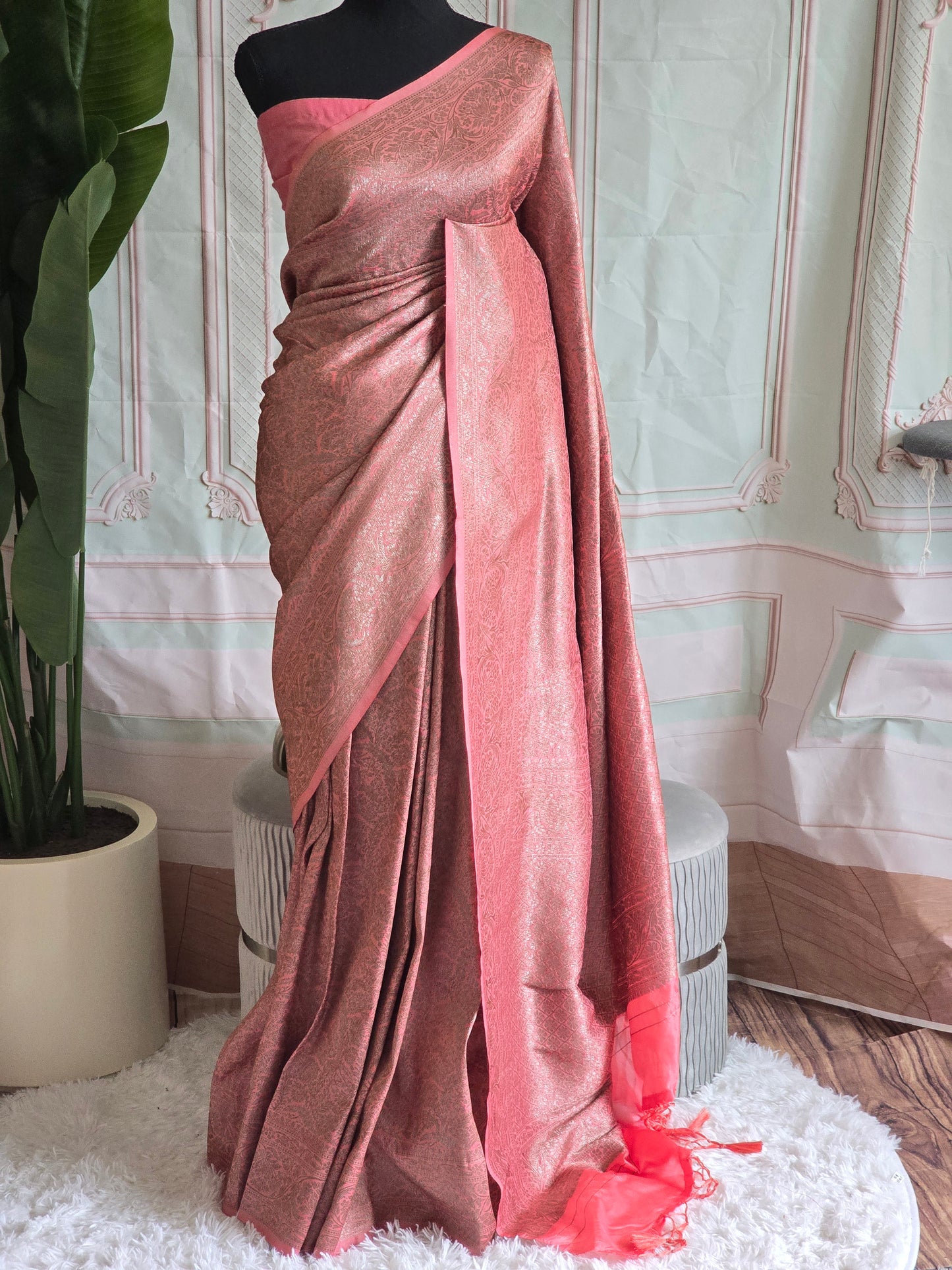 Semi katan silk saree (peach)with stitched blouse