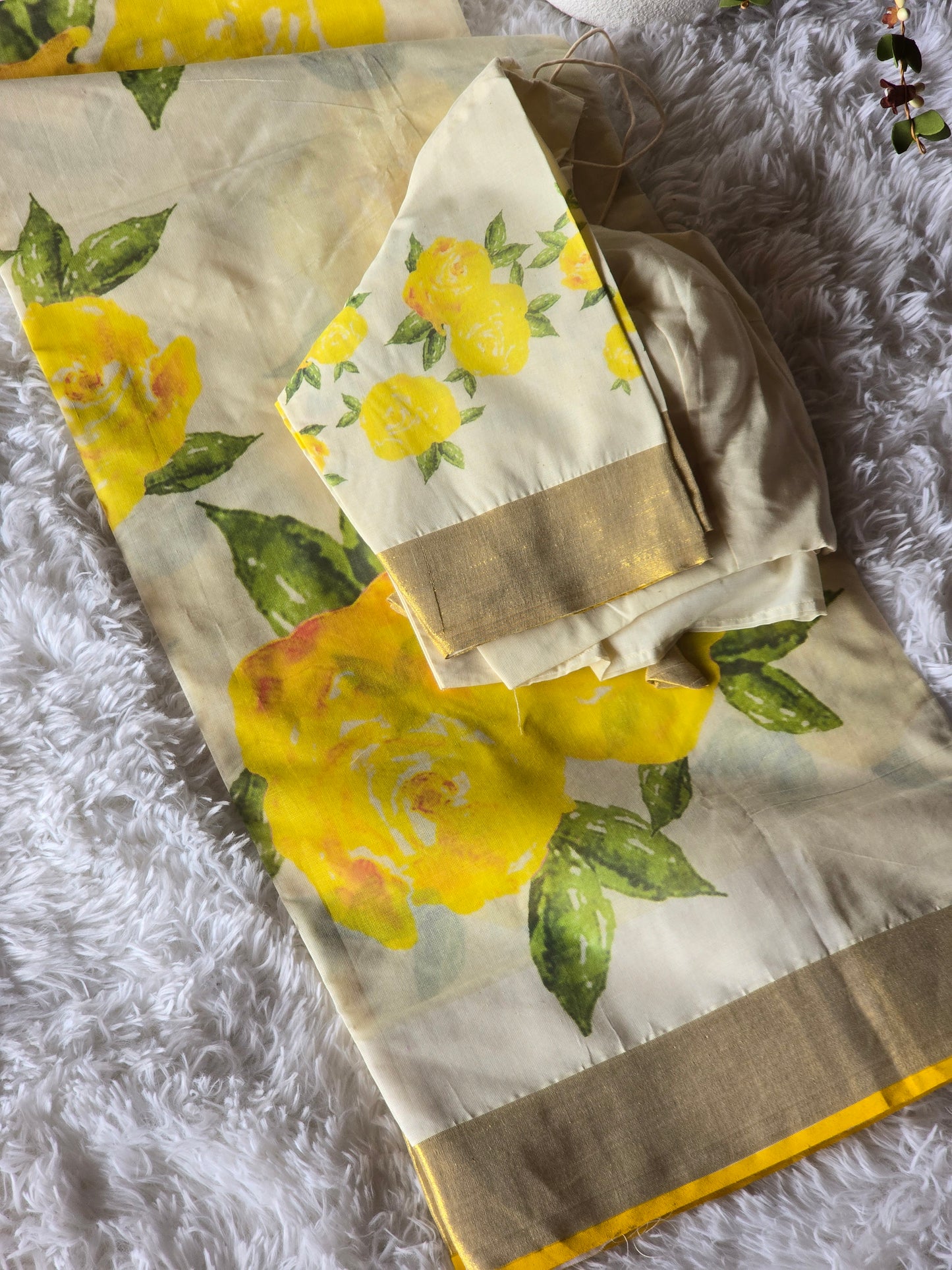 Kerala saree with floral design-stitched blouse